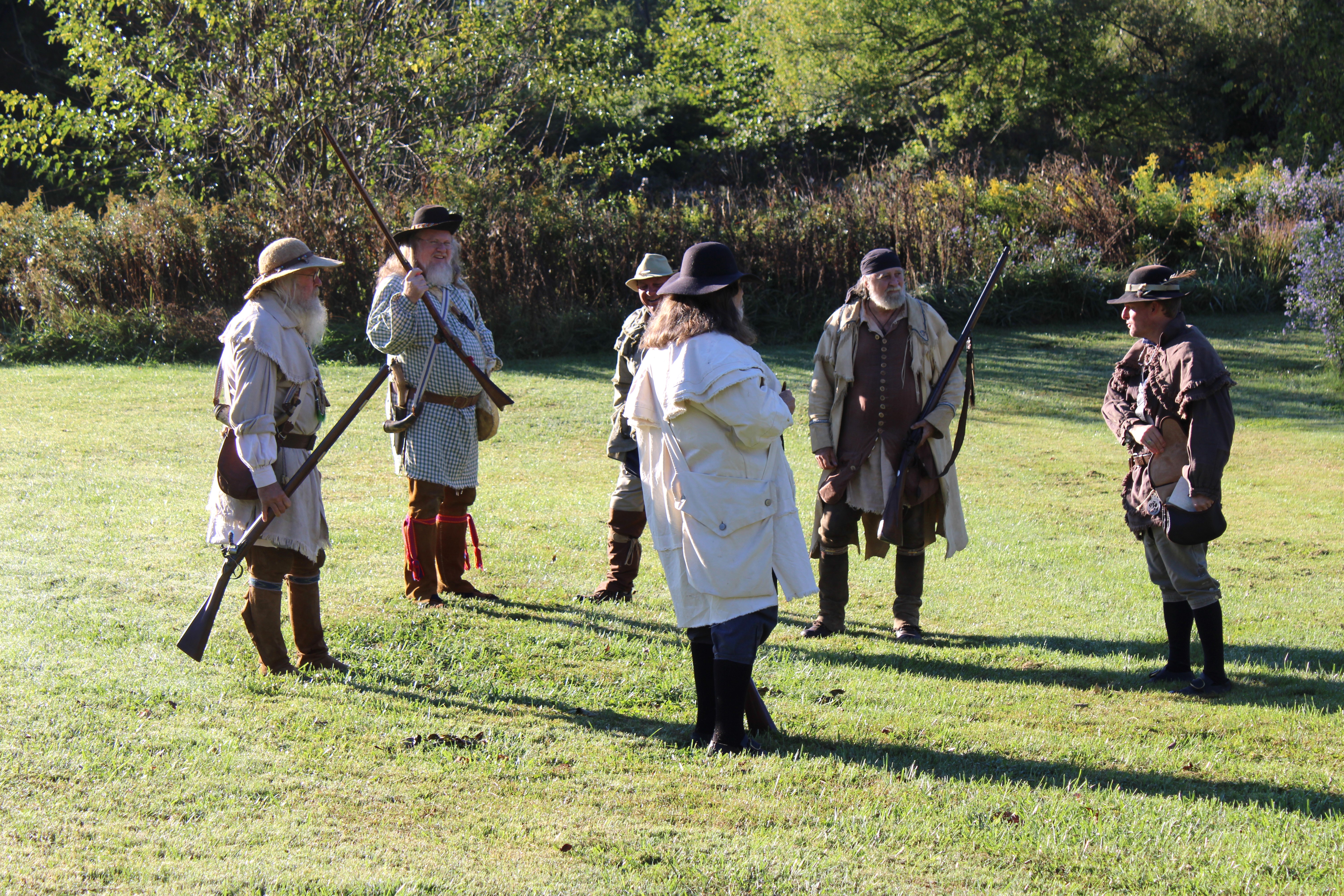 During an event at the Abingdon Muster Grounds, members of the Overmountain Victory Trail Association reenact a gathering of William Campbell's Militia. Colonel William Campbell is portrayed by Garrett Jackson, far right in dark hat. Left to right are Dalton Wade, Gordon Sisk, Dean Morgan, Michael Henningsen, Steve Ricker, and Garrett Jackson. Courtesy of Overmountain Victory Trail Association.