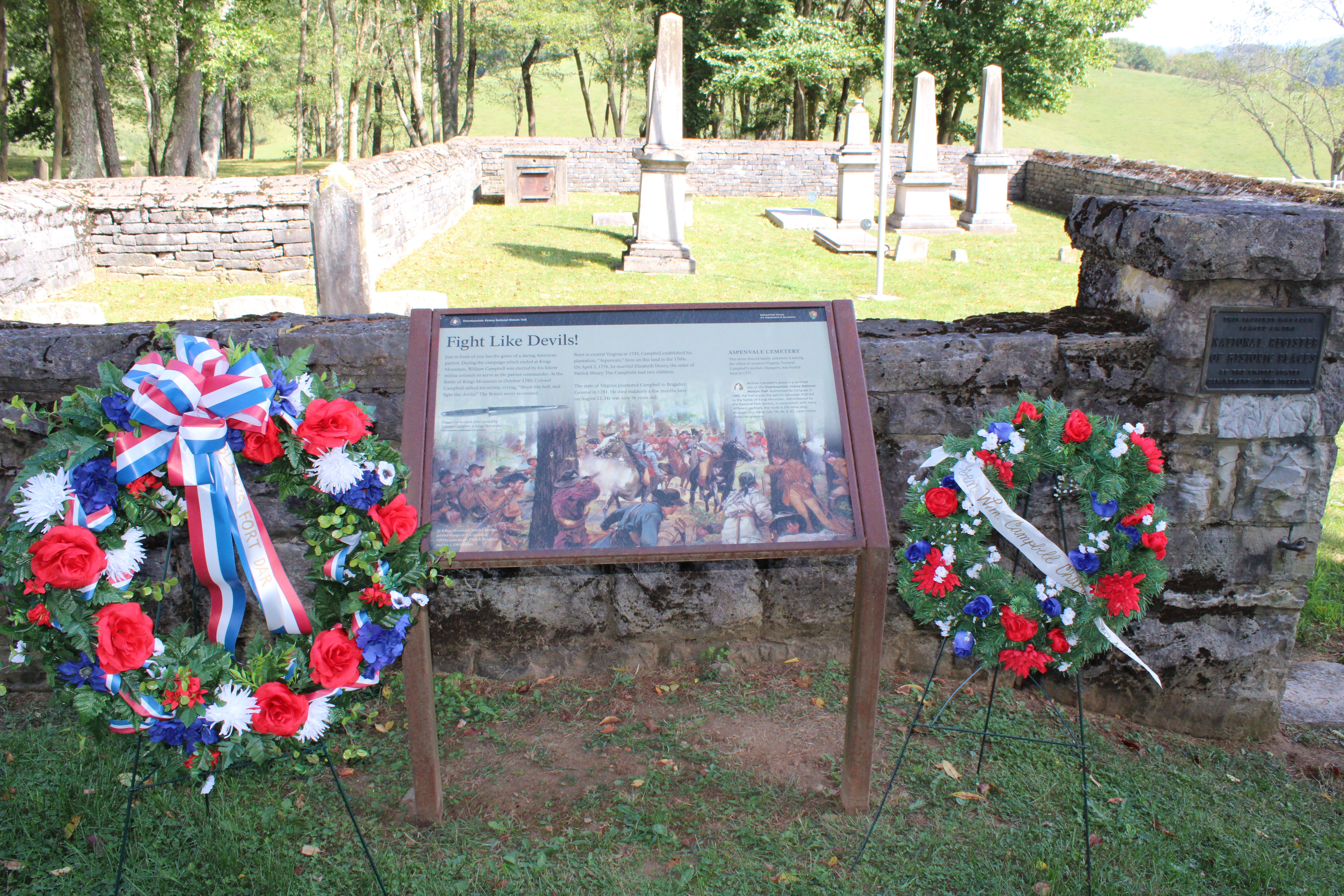 Aspenvale Cemetery is the burial site of Brig. Gen. William Campbell, near Seven Mile Ford in Smyth County. An annual Memorial ceremony is sponsored by the William Campbell Chapter of the Sons of the American Revolution, Blacks Fort Chapter of the Daughters of the American Revolution, and the Overmountain Victory Trail Association. Courtesy of Overmountain Victory Trail Association.