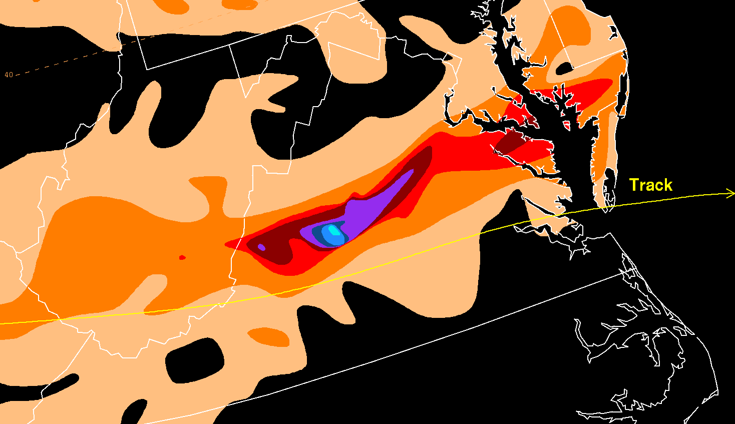 The plotted rain amounts from the track of Camille show one area of heavy rainfall near the Gulf Coast but a much more intense though extremely localized bull's-eye in central Virginia focused on Nelson County. Outside of the narrow extreme rain band, however, amounts were generally under 3 inches in most of Virginia. Courtesy of NOAA.