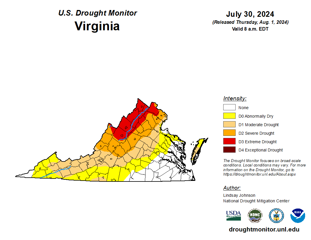The latest U.S. Drought Monitor from last week showed widespread dryness over much of the northern and western parts of Virginia, but many locations in Southwest and Southside Virginia had improved a shade or two from the map two weeks prior. Courtesy of National Drought Mitigation Center.