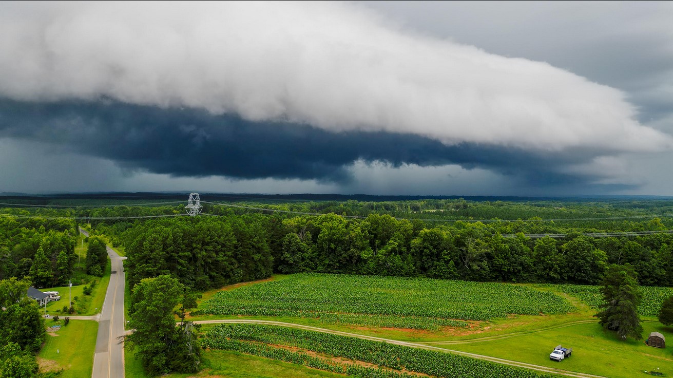 A drone flown just across the North Carolina state line captured this view of a tornado-warned severe thunderstorm affecting Halifax County, Virginia, on Tuesday, July 24. This storm produced no confirmed tornado, but another storm the following evening did produce a tornado. Courtesy of Nathan White.