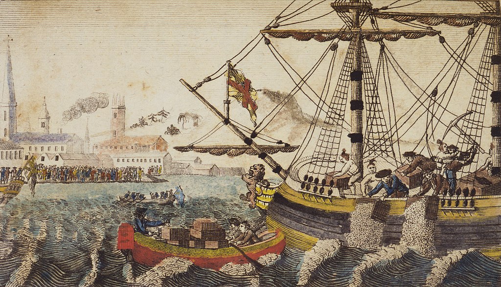 The Boston Tea Party in December 1773. W.D. Cooper. "Boston Tea Party." The History of North America. London: E. Newberry, 1789.Engraving