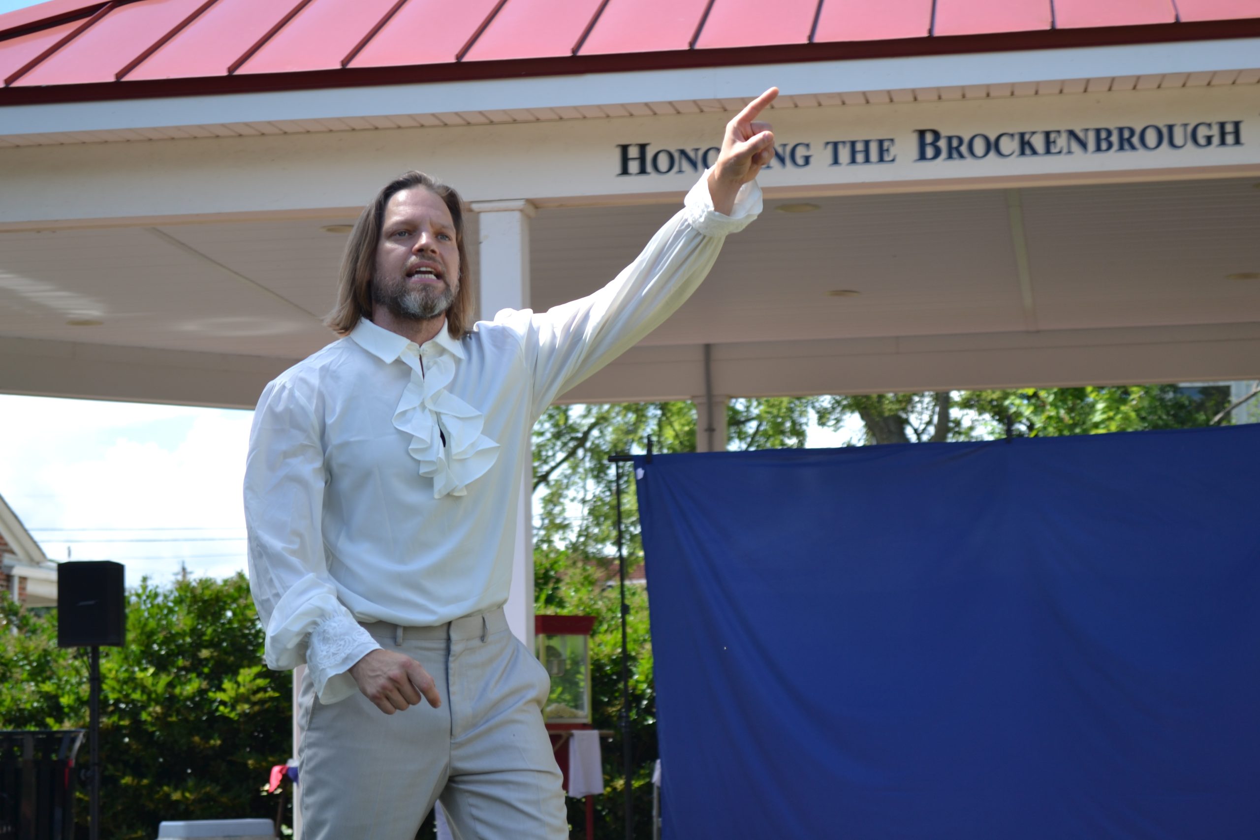 Brent Shultz, an actor with the McKey Carpenter Stunt Group. They reenacted "The Ritchie Affair." He played Archibald Ritchie, a Scottish merchant in Tappahannock, who planned to comply with the Stamp Act and then came to fisticuffs with Richard Henry Lee and Thomas Ludwell Lee. Photo by Lindley Estes.