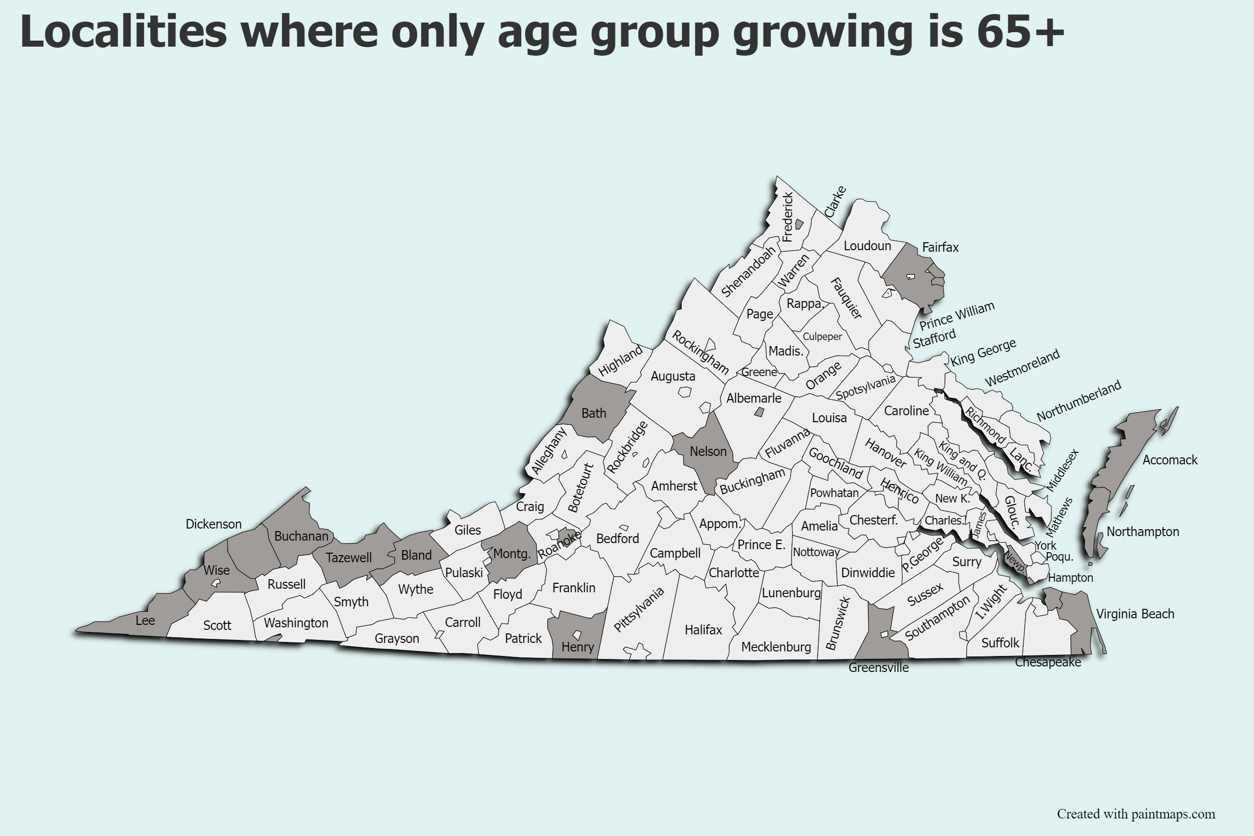 Localities where the only age group growing is age 65 plus. Source: U.S. Census Bureau.