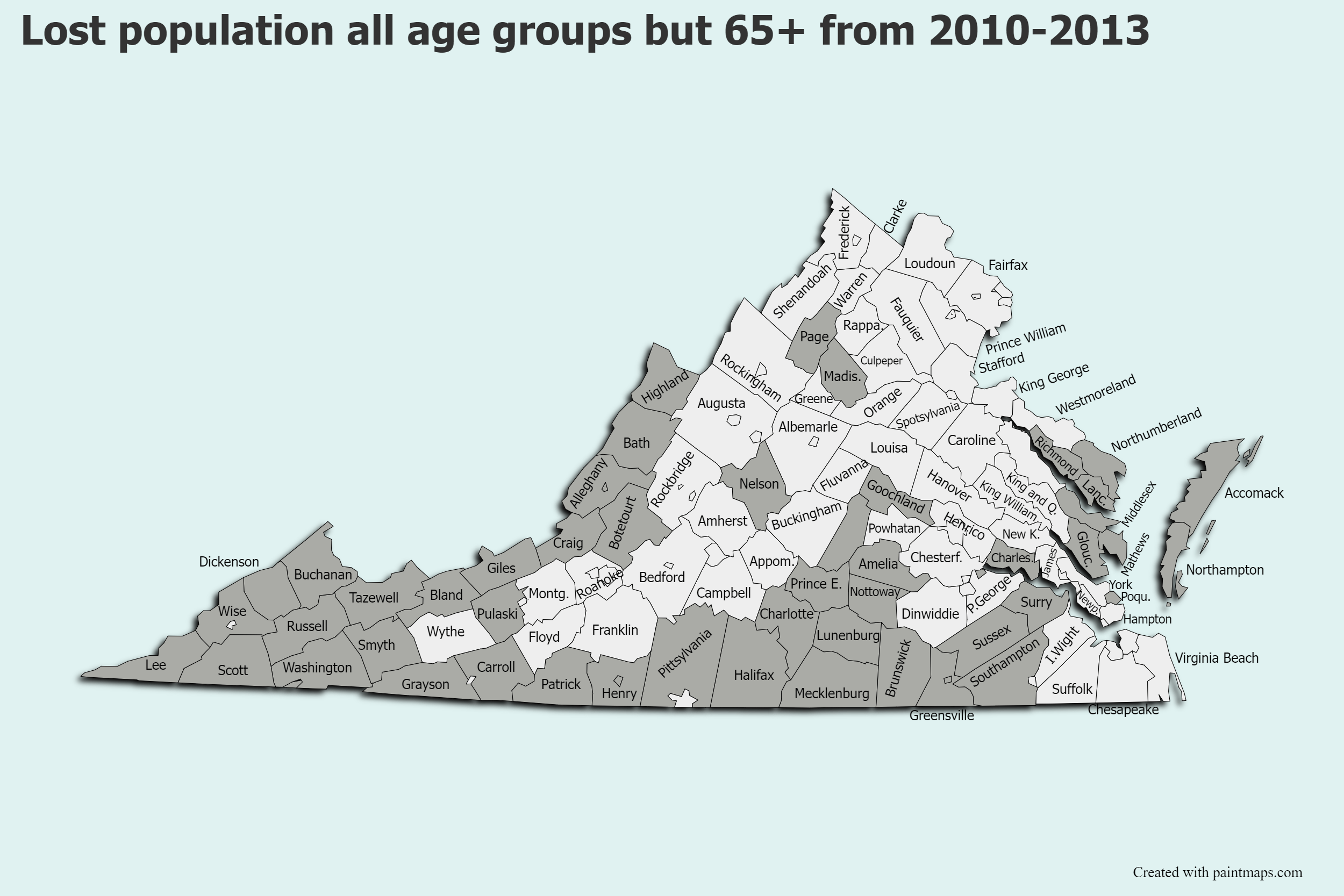 From 2010 to 2013 these localties lost population in all age groups except 65-plus. Source: U.S. Census Bureau