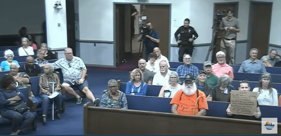 The crowd at Lynchburg City Council on August 13, 2024 when two council members were censured. Screenshot from livestream.