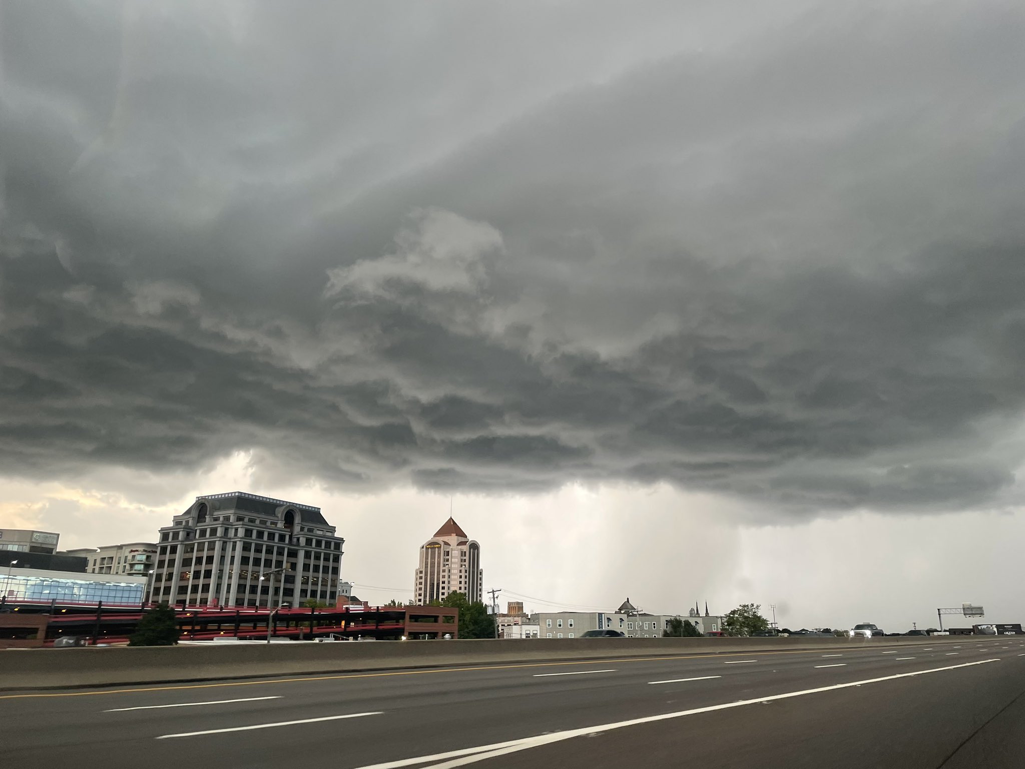 The outflow of a strong thunderstorm blows over downtown Roanoke on Thursday evening, Sept. 19. Heavy downpours of over 2 inches swamped some city streets, requiring water rescues. Courtesy of Hope Noland.
