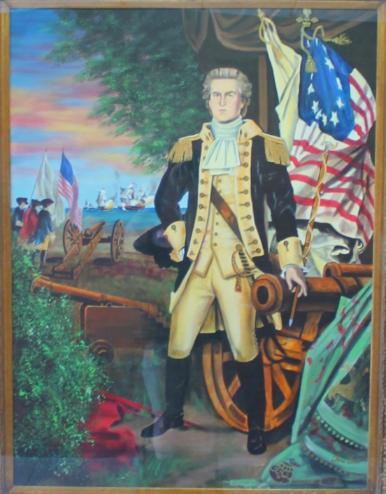 Conjectural painting of Lewis at Gwynn's Island in Mathews County, where he defeated Virginia's last royal governor, Lord Dunmore. The painting by Anne Bell is at the Salem Civic Center. Photo by Randy Walker.