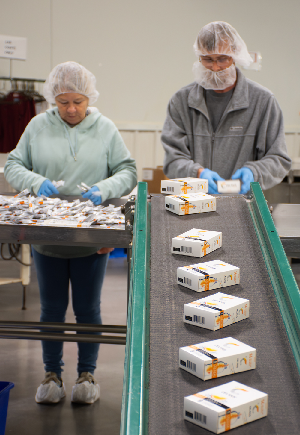 Workers on a manufacturing assembly line.