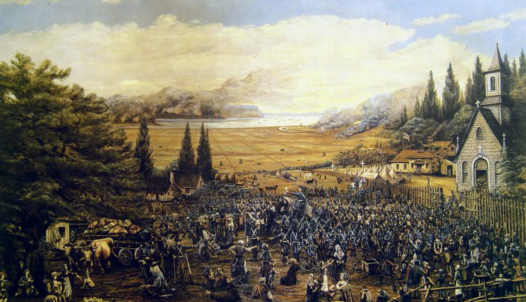 A painting that depicts the British deportation of French-speaking Acadians from modern-day Nova Scotia. Courtesy of University of Moncton.