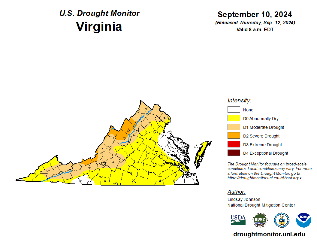The latest U.S. Drought Monitor map for Virginia, issued last Thursday. Courtesy National Drought Mitigation Center.
