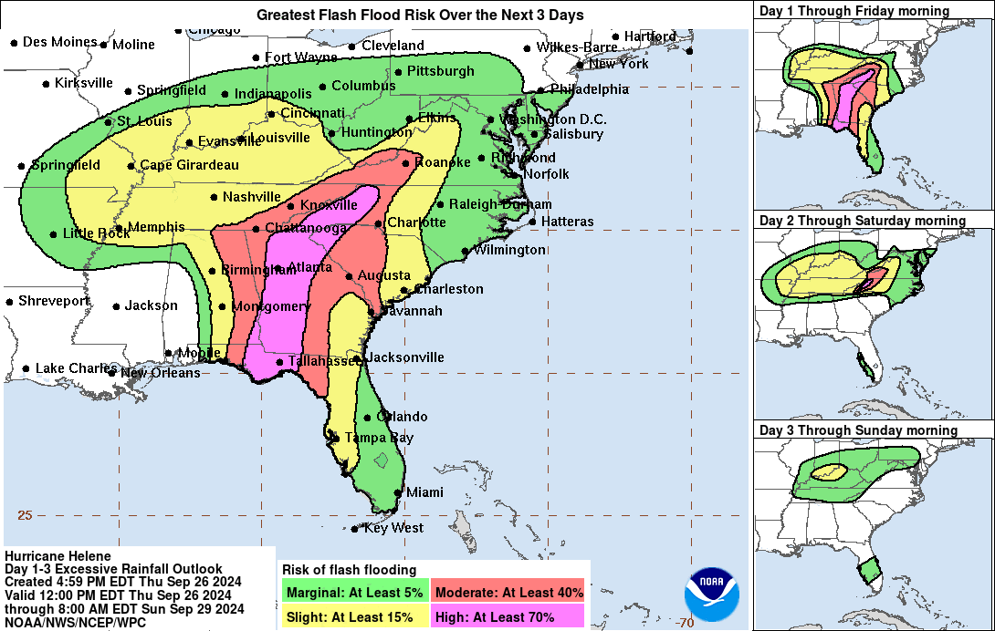 Flash flood potential levels from Hurricane Helene and its remnants. Courtesy of National Hurricane Center.