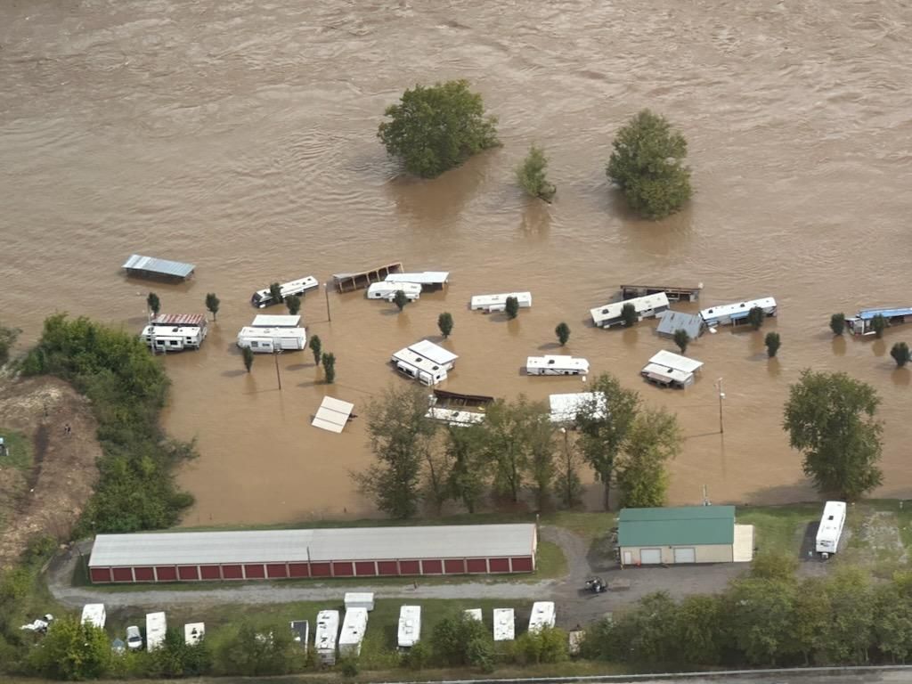 The campground in Narrows was inundated by floodwaters from the New River, as seen in this photo shot Saturday from a Virginia State Police helicopter by state Sen. Travis Hackworth, R-Tazewell County. Hackworth said campground owner John Farley and his wife worked 24 years to build the property; this was the highest the water level has been since 1940, Farley told him. Courtesy of Hackworth.