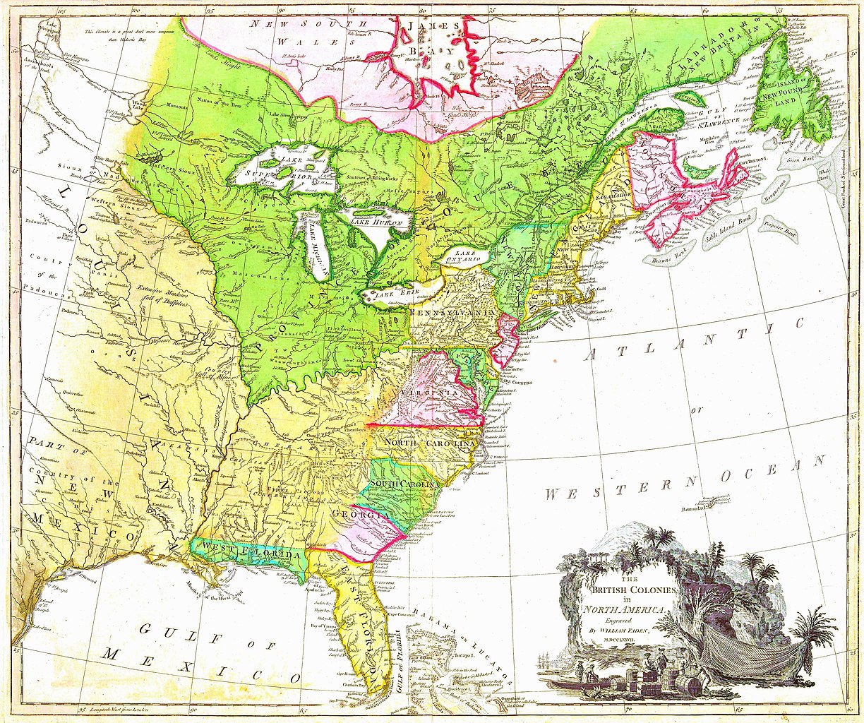 This British map shows how the Quebec Act extended Quebec (in green) westward. Courtesy of New York Public Library.