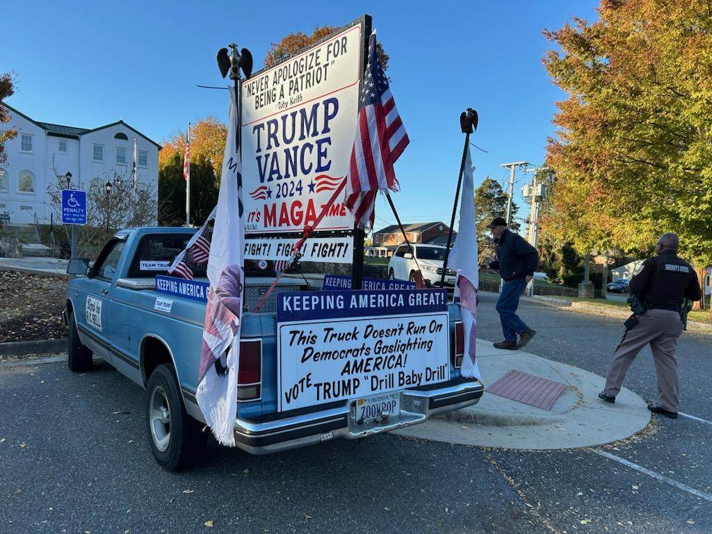 Richardson Bell drove a truck with anti-Biden signs in the 2022 Lovingston Christmas parade. This the what he drove to court Monday. Photo by Lisa Provence. 