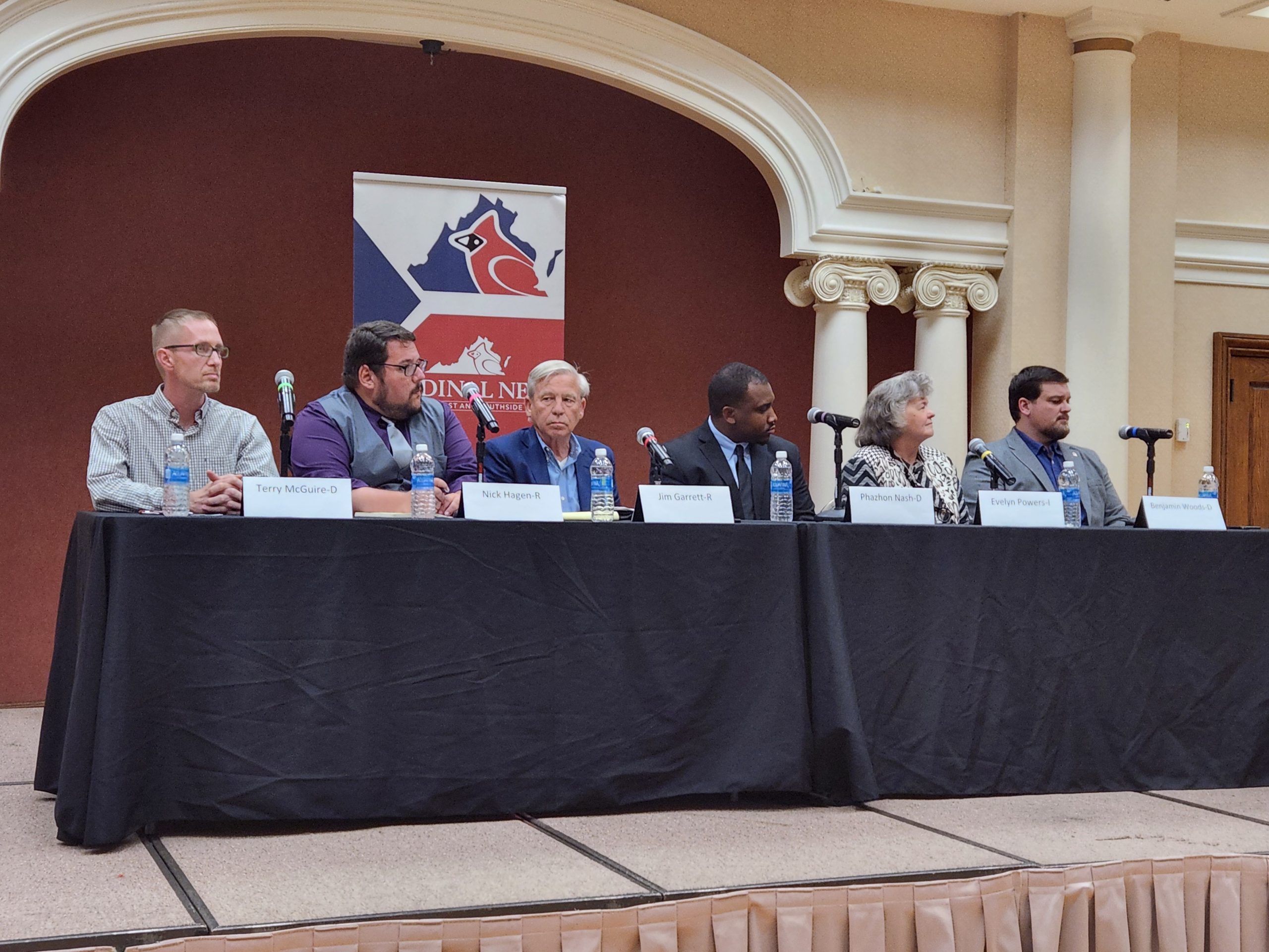 Roanoke city council forum. From left: Terry McGuire, Nick Hagen, Jim Garrett, Phazhon Nash, Evelyn Powers, Benjamin Woods. Not pictured: Cathy Reynolds was absent due to a family emergency. Photo by Dwayne Yancey