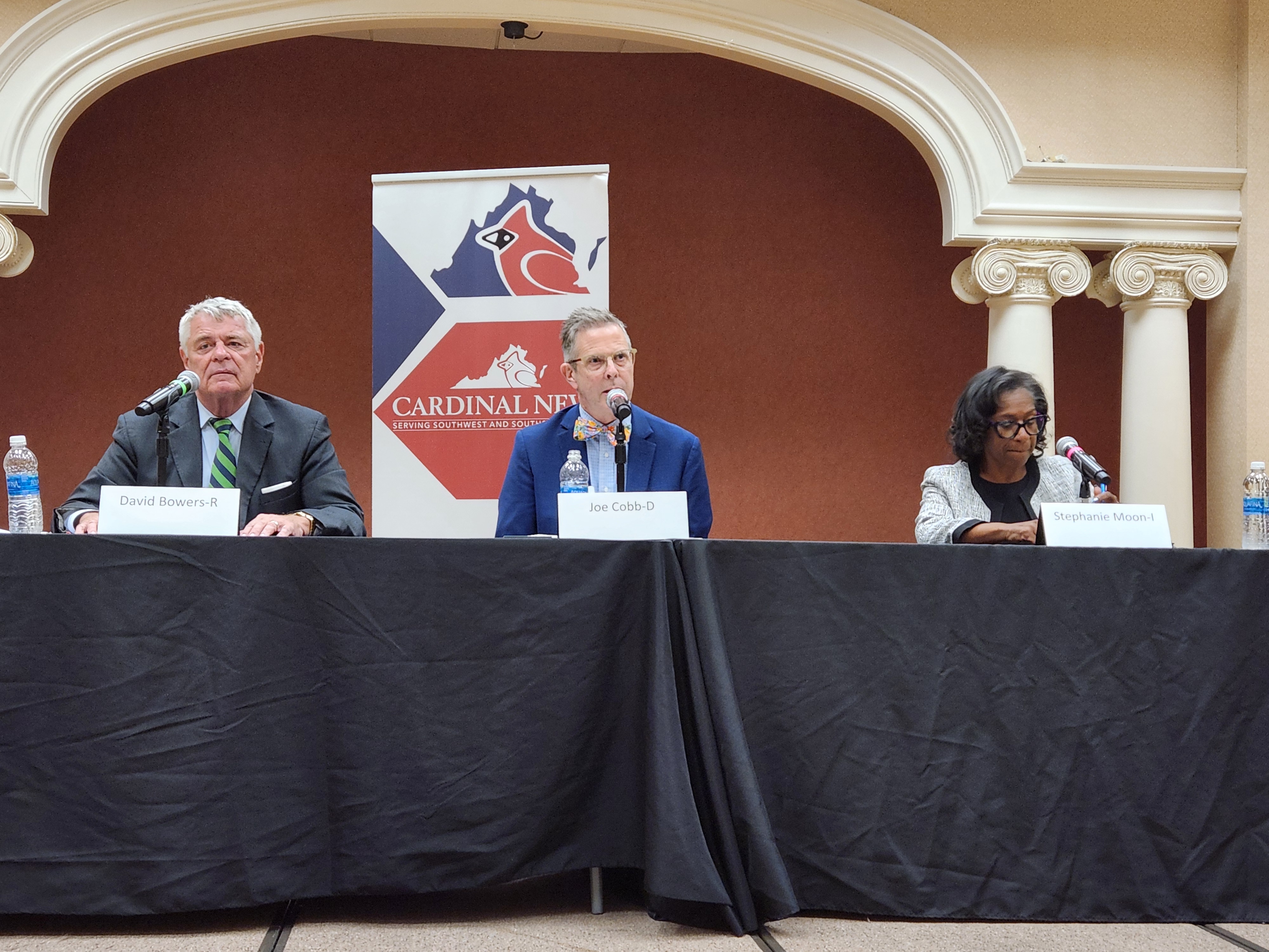 Roanoke mayoral forum. From left: David Bowers, Joe Cobb, Stephanie Moon. Photo by Dwayne Yancey