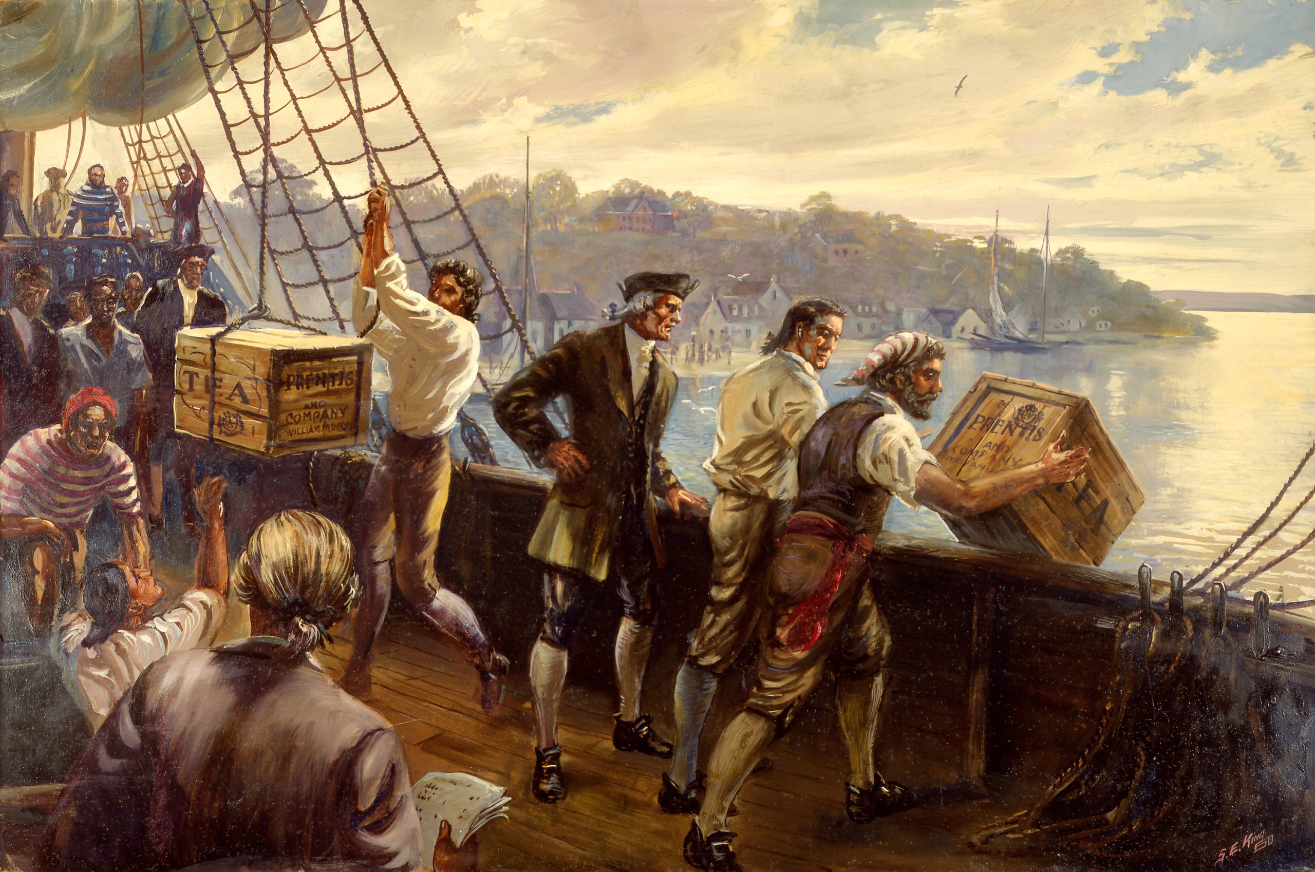 Painting, "Yorktown Tea Party", by artist Sidney King. Ca. 1960s. Image courtesy of The Colonial Williamsburg Foundation
