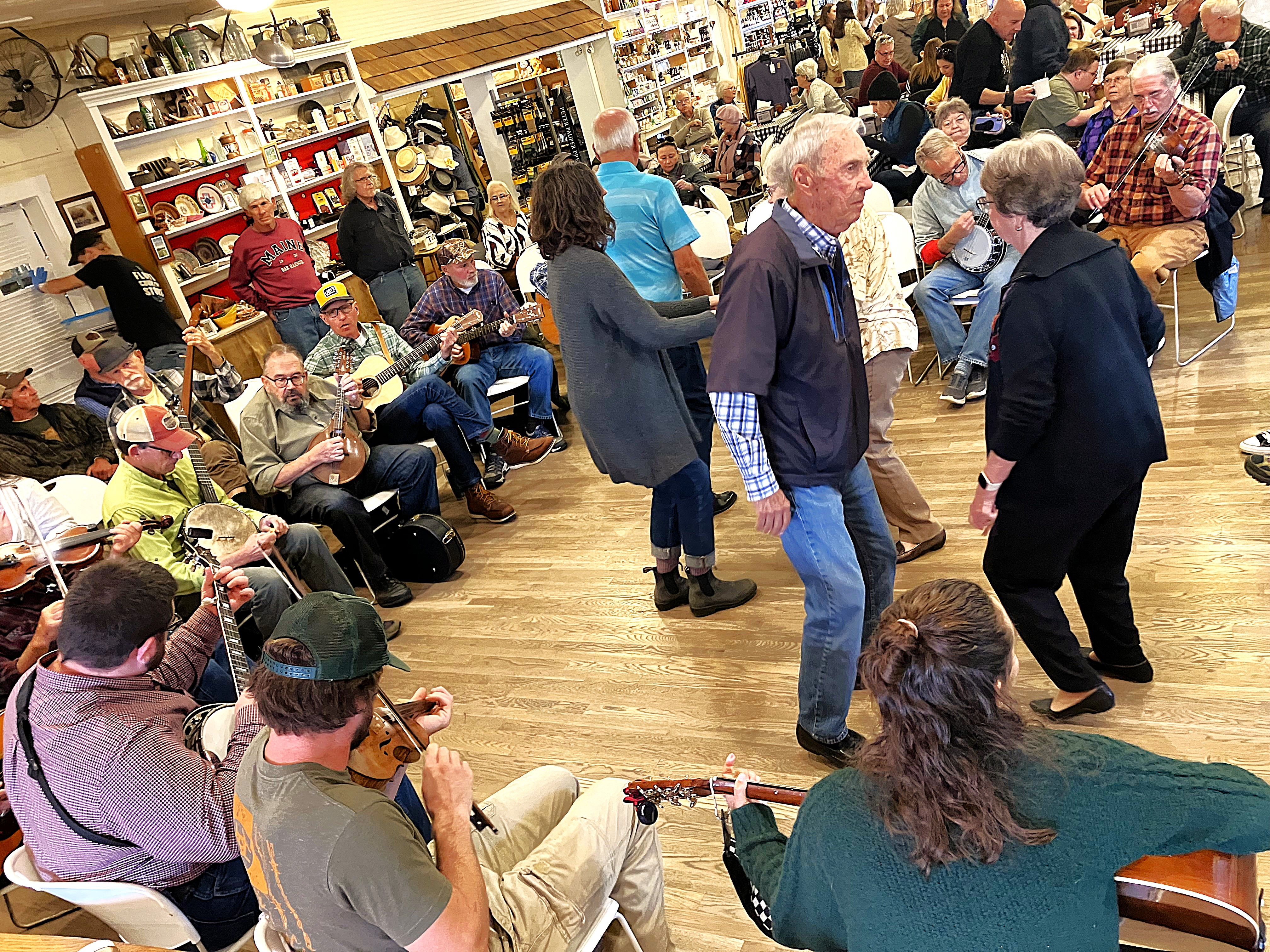 Dancers take the floor during the Sunday afternoon old-time music jam at the Floyd Country Store. Ralph Berrier Jr. photo