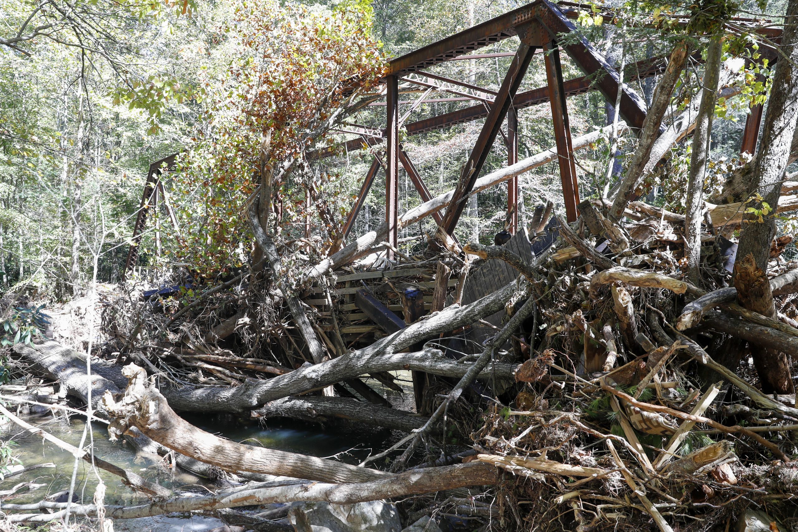 A mangled metal trestle rests against an overgrown creek bank.