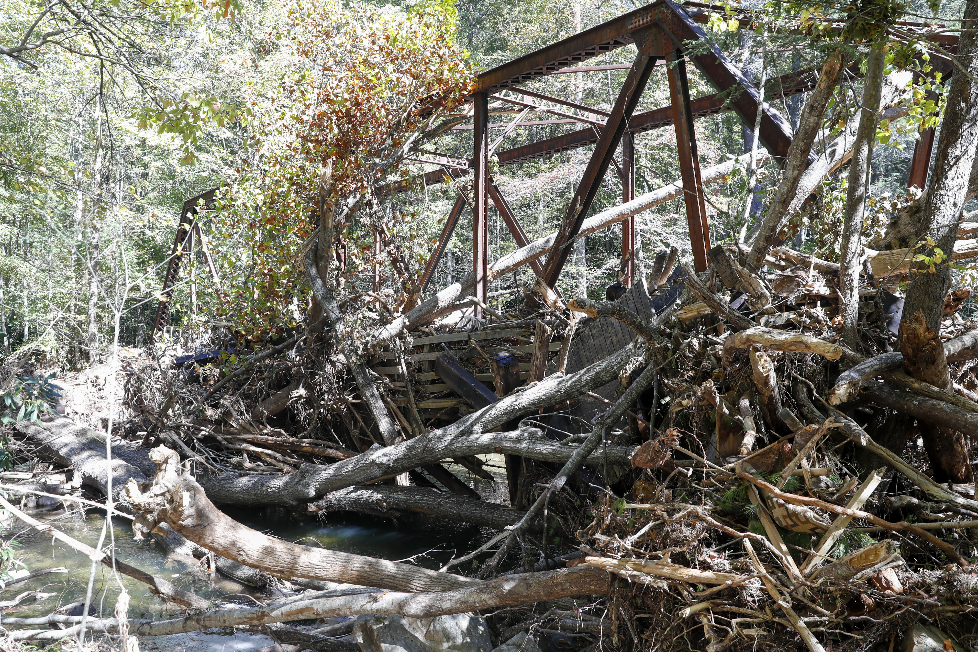 A mangled metal trestle rests against an overgrown creek bank.