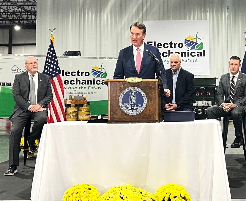 Gov. Glenn Youngkin speaks during a news conference Tuesday announcing Electro-Mechanical expansion.