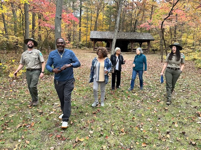 Douthat State Park Superintendent Adam Bresnehan (from left), Greg Key, Pamela Marshall, Ettrula Moore, Joan Vannorsdall and Douthat State Park Chief Ranger of Visitor Experience Hannah Johnson. Photo by Michael Hemphill.