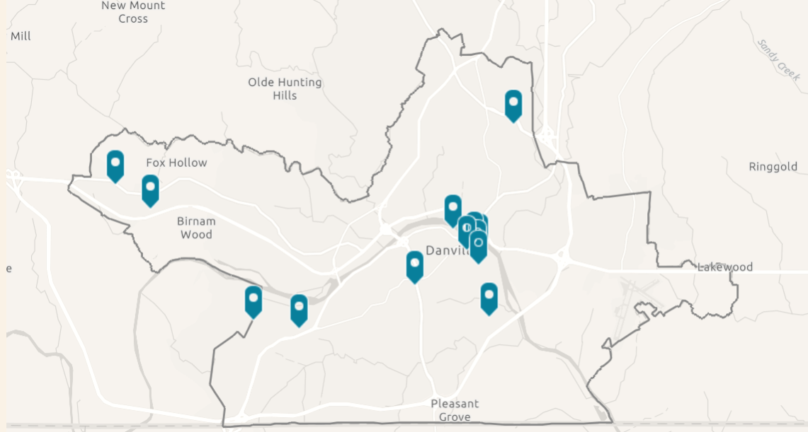 a screengrab of Danville's online housing navigator, which shows a map of the city with pins to identify the ongoing housing projects. `