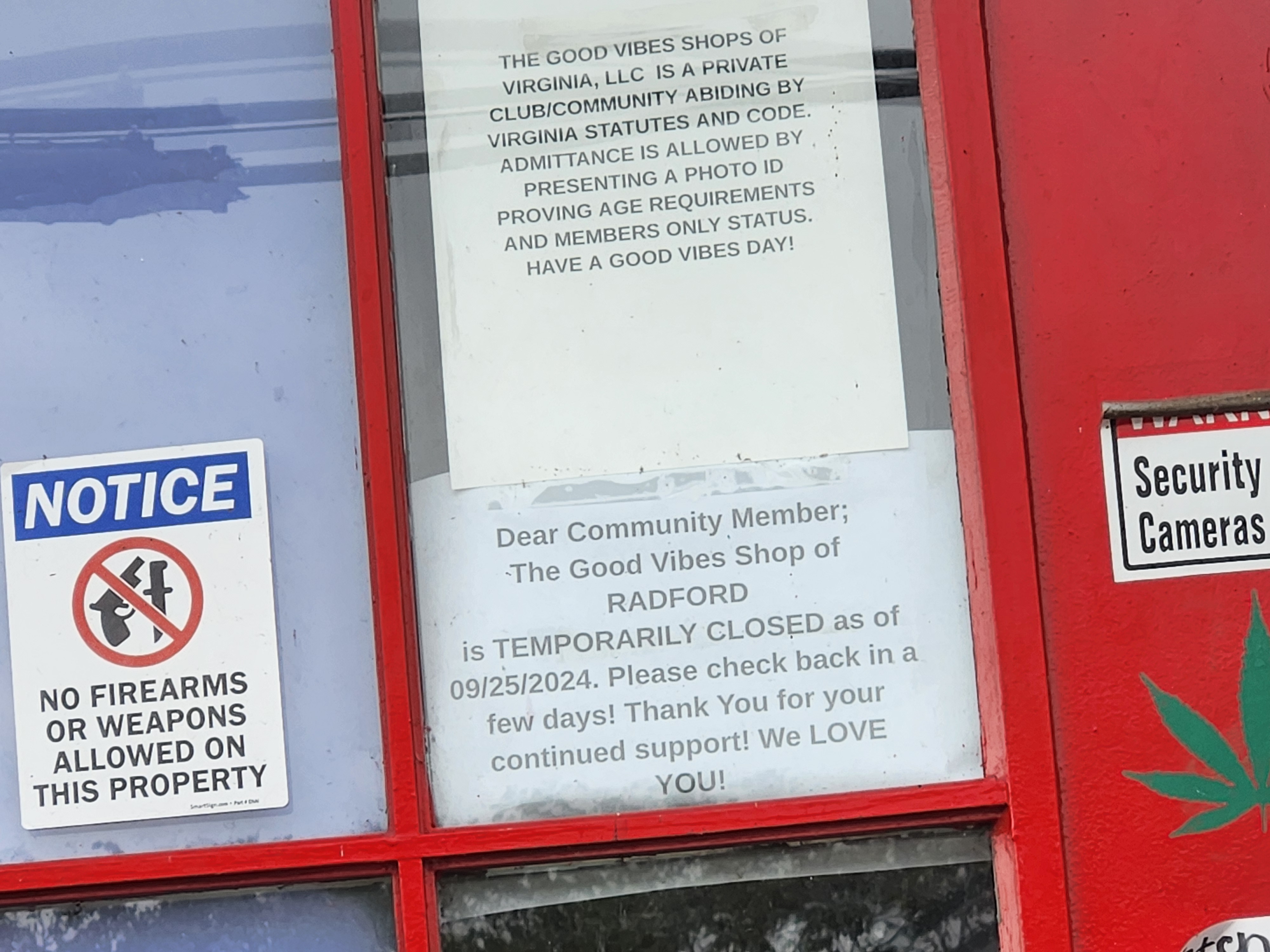 This sign has been posted on the door of the Good Vibes shop in Radford. Photo by Dwayne Yancey
