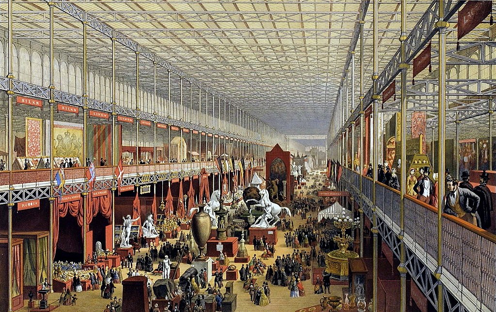 The interior of the Crystal Palace in London during the Great Exhibition of 1851. Courtesy of Victoria and Albert Museum.