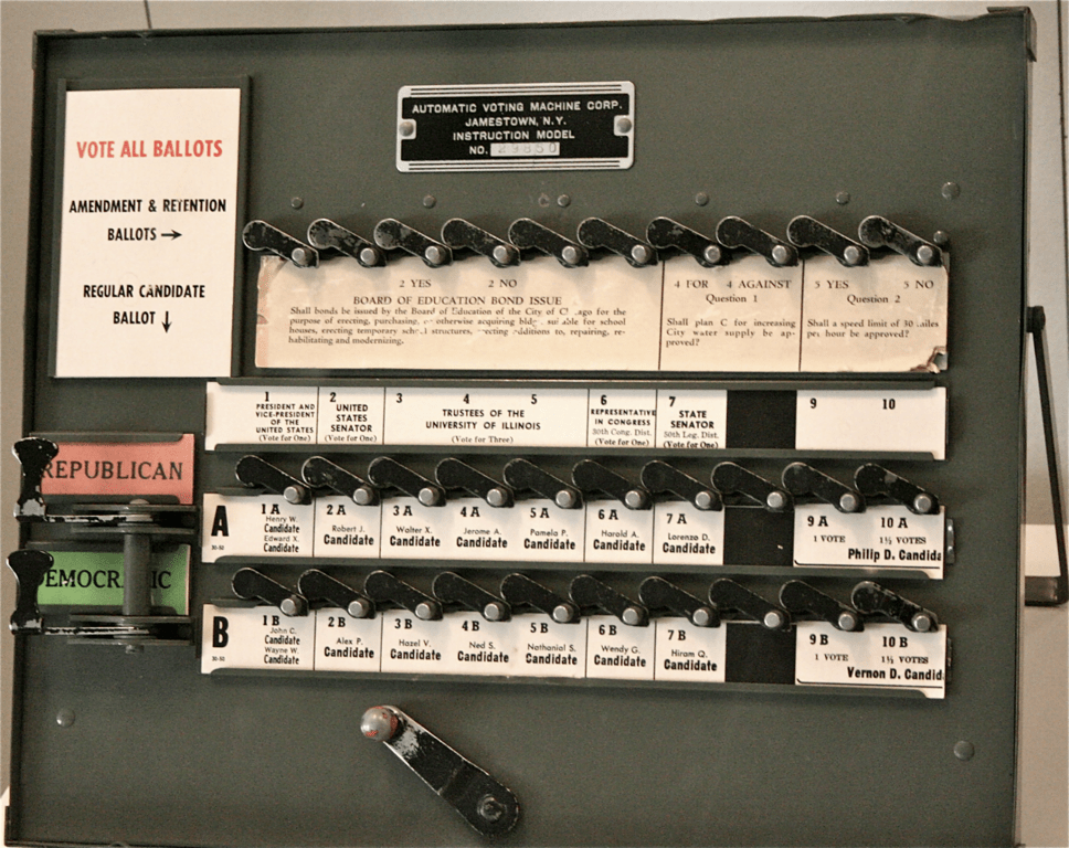 Here's what the old lever machines looked like to voters. Courtesy of Radio Fan.