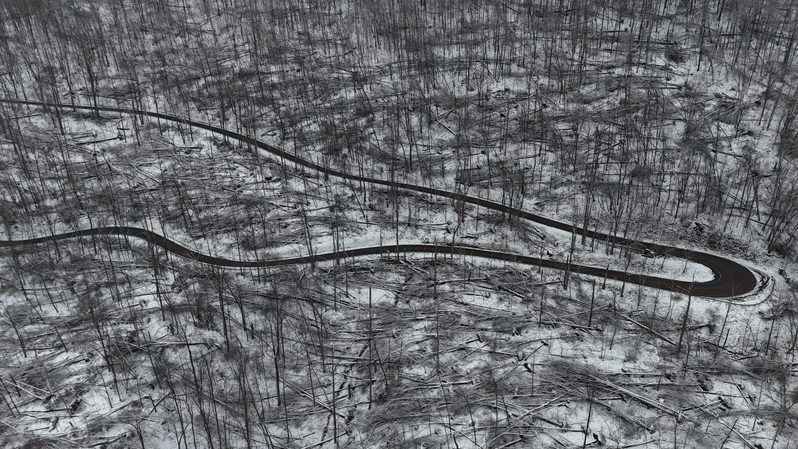 A drone image above the higher terrain around Burke's Garden in Tazewell County, covered by a fresh covering of light snow in December, reveals many trees blown during two months before by Hurricane Helene. Courtesy of Billy Bowling.