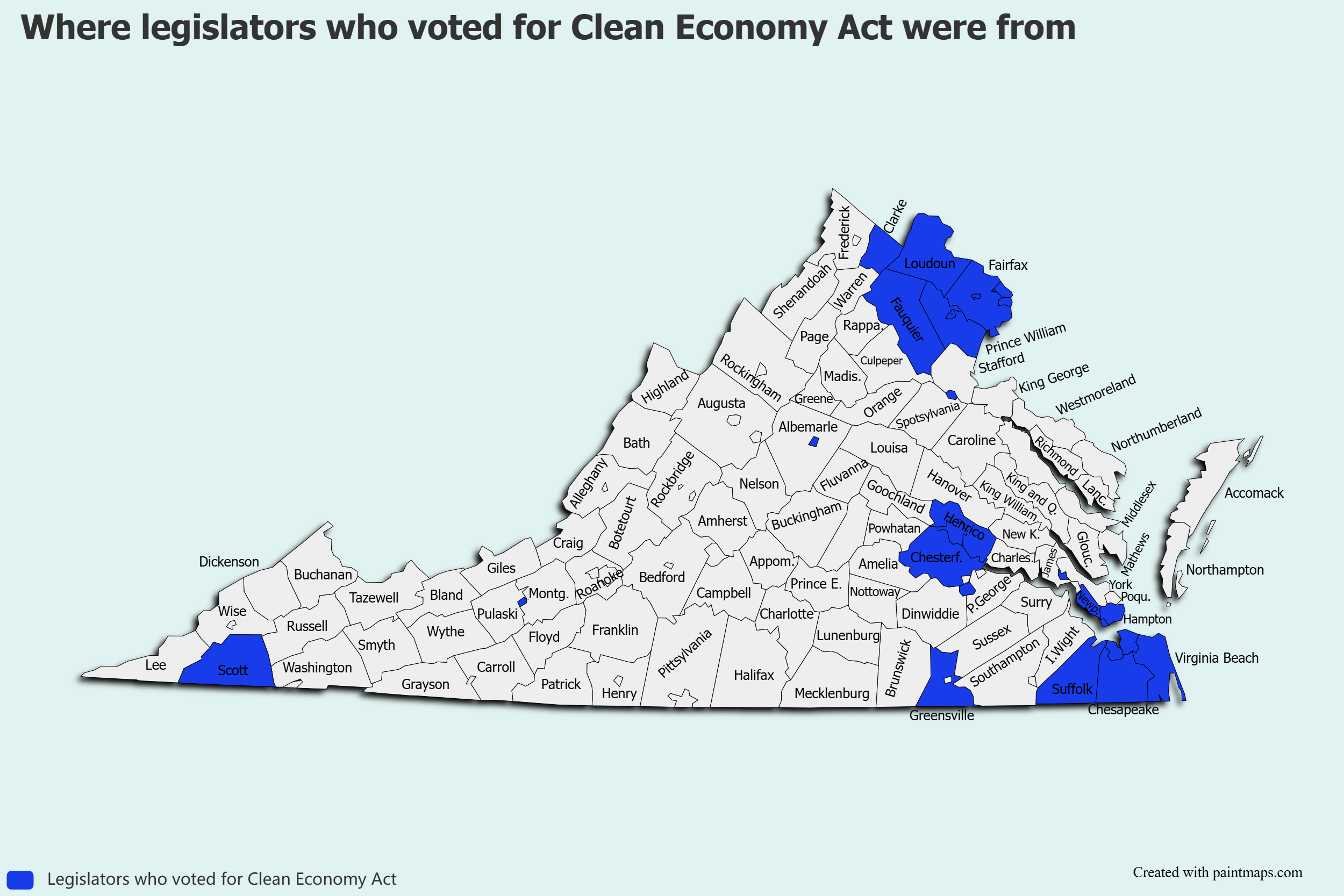 The home counties and cities of the legislators who voted for the Clean Economy Act. Source: Legislative Information Services.