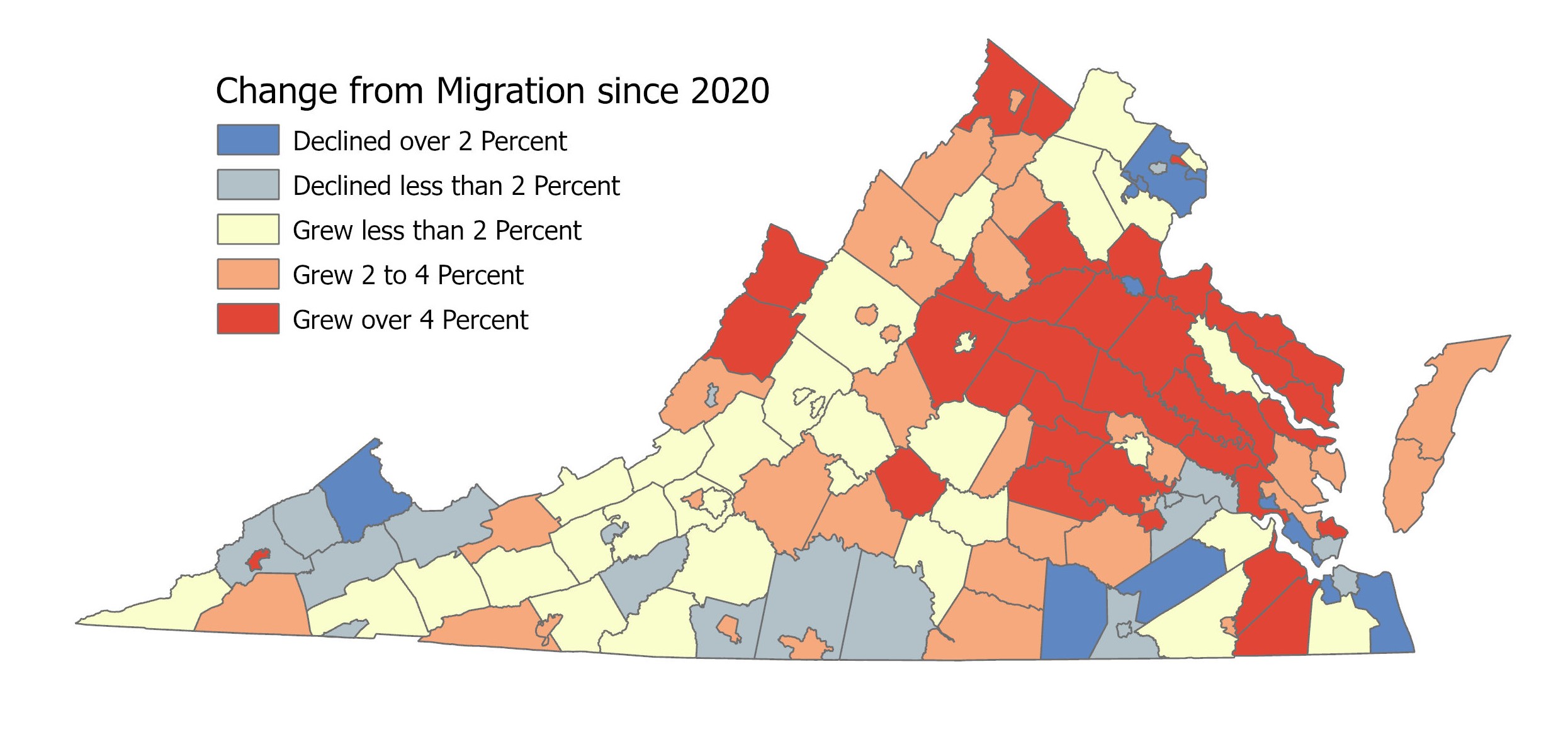 This map shows which localities have had more people move in than move out (or the other way around) from 2020 to 2024. Courtesy of Weldon Cooper Center for Public Service, the University of Virginia.