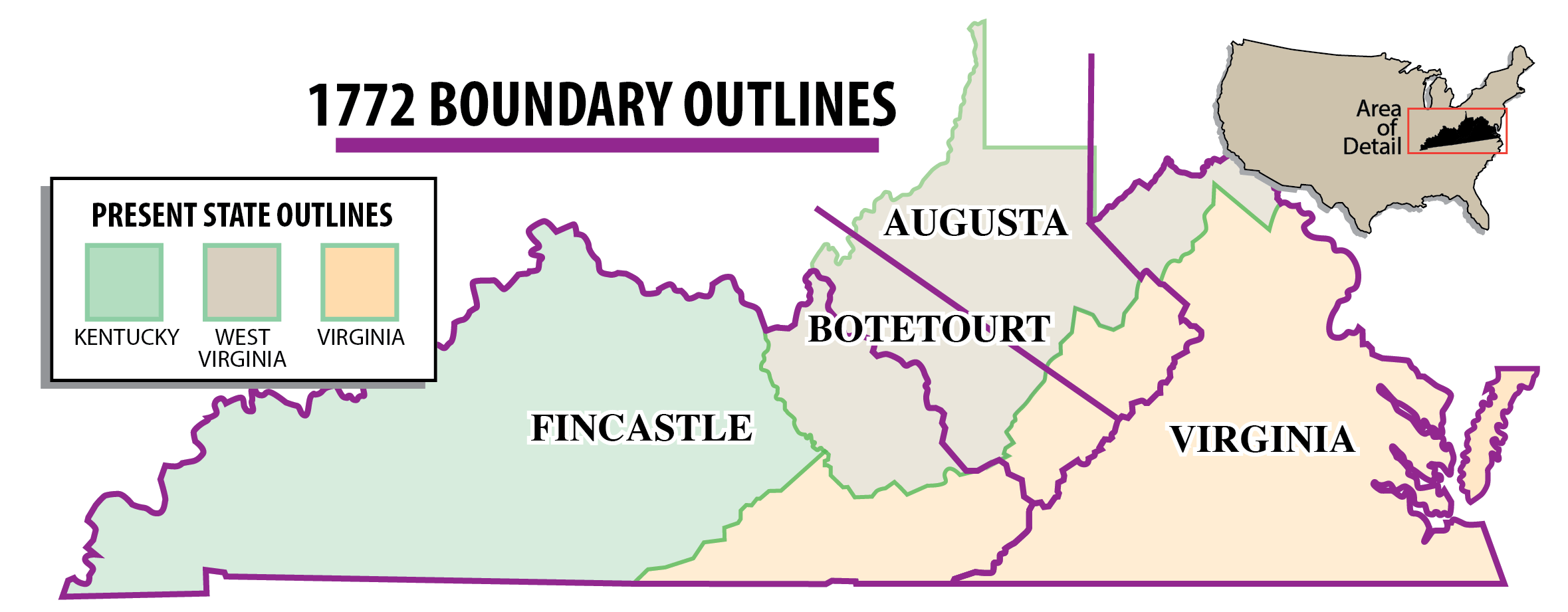 Fincastle County, which existed from 1772 to 1776, when it was divided into Kentucky County, Montgomery County and Washington County. Map by Robert Lunsford.
