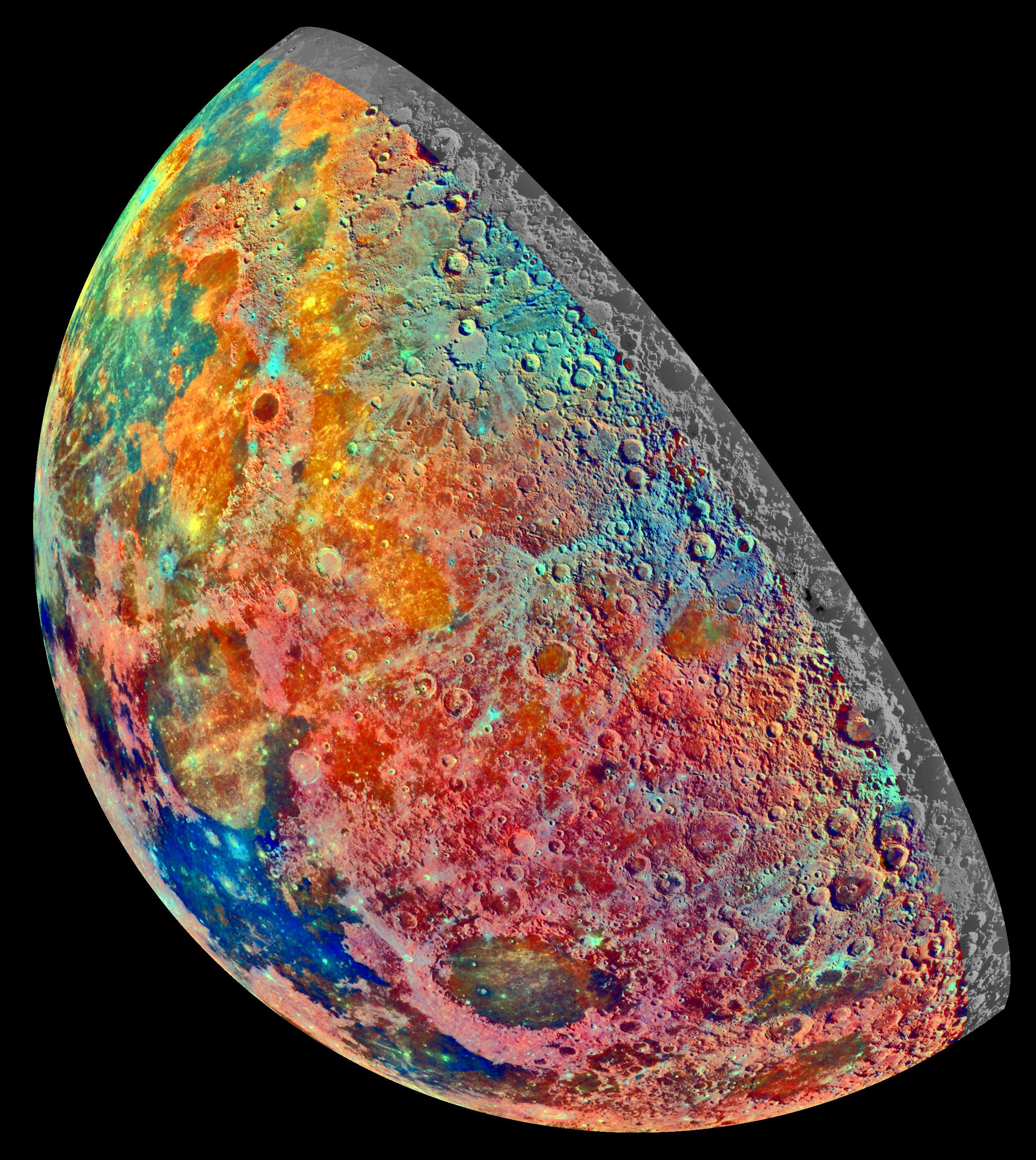 A color-enhanced photo to show where minerals are on the moon. Courtesy of NASA. 