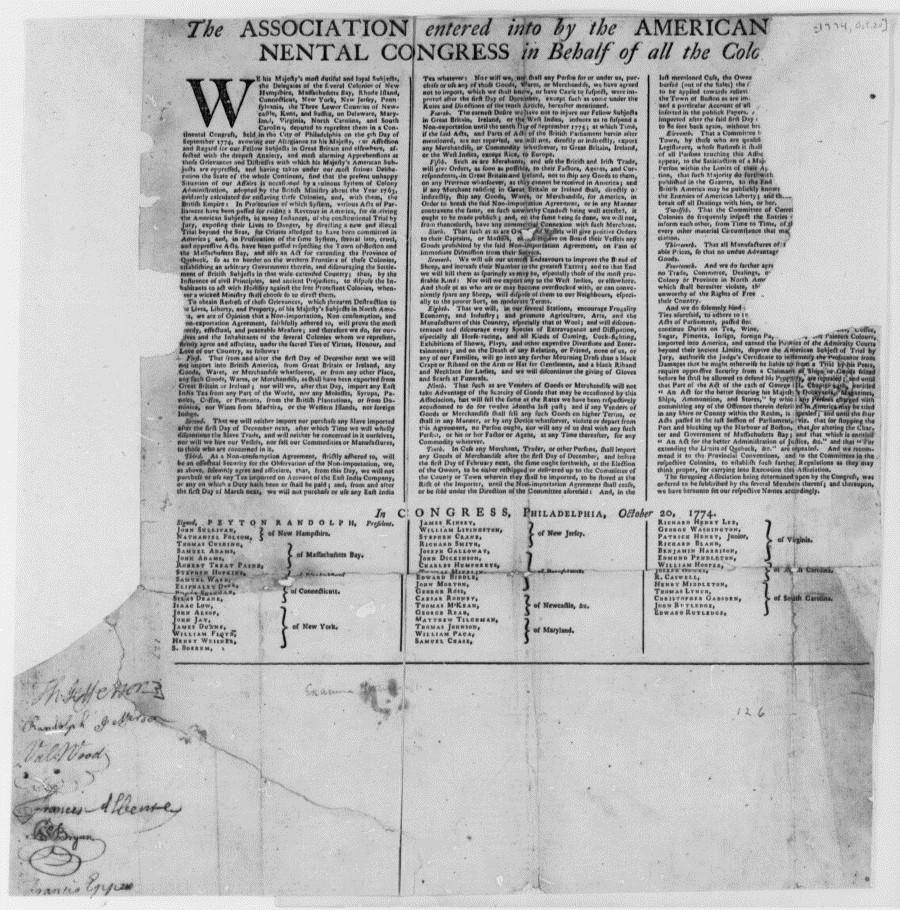 From Thomas Jefferson's papers, this is a broadside copy of the Continental Association that was signed by Jefferson and other Virginians. Courtesy of Library of Congress.