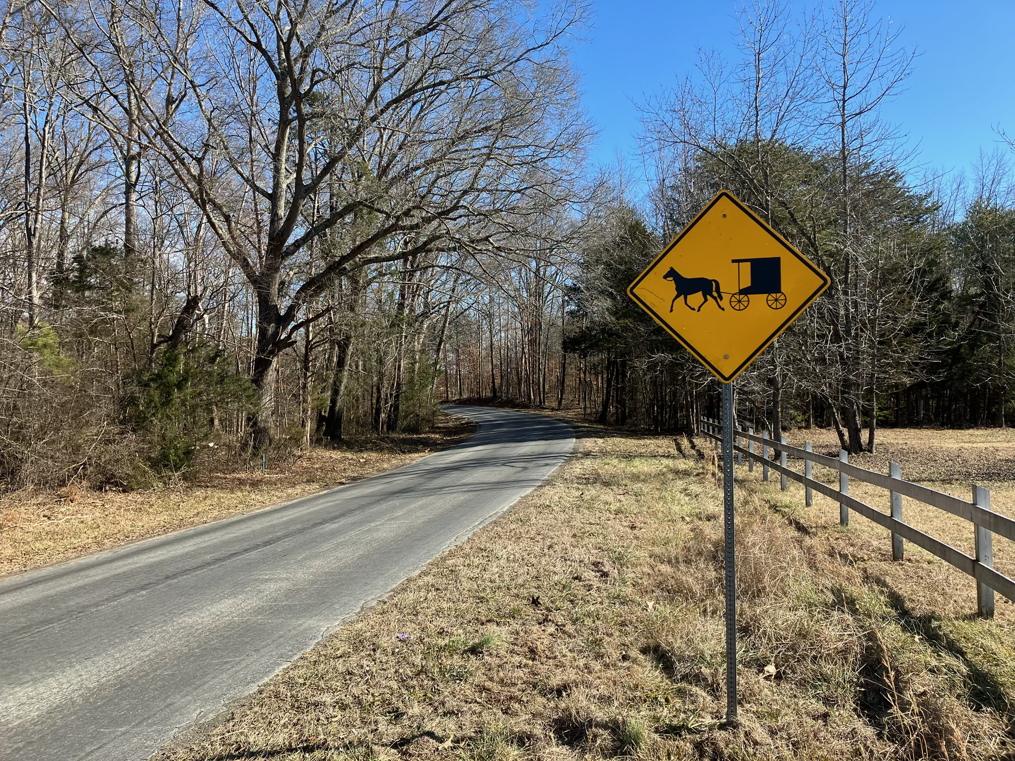 A yellow and black horse-and-buggy sign alongside a narrow road in Cumberland County