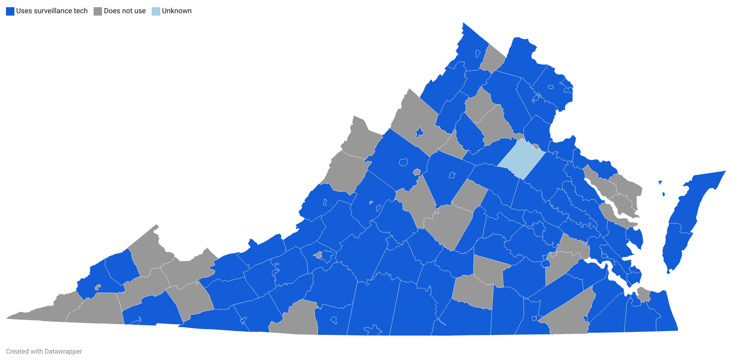 A Virginia map shows a majority of counties and cities highlighted in cobalt blue. About 30 localities are colored gray.