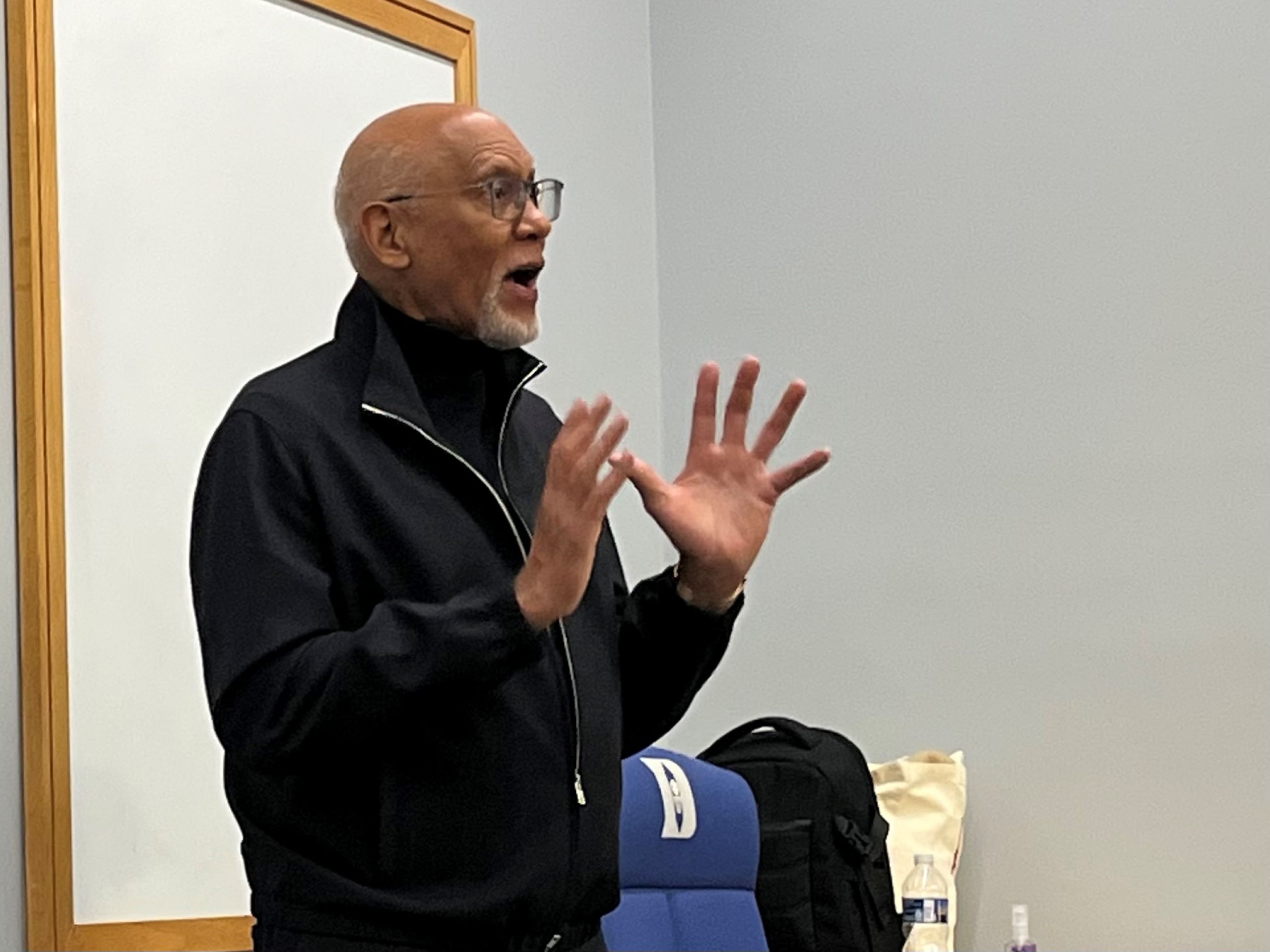 a close up of C.B. Claiborne, speaking to an audience at Duke University