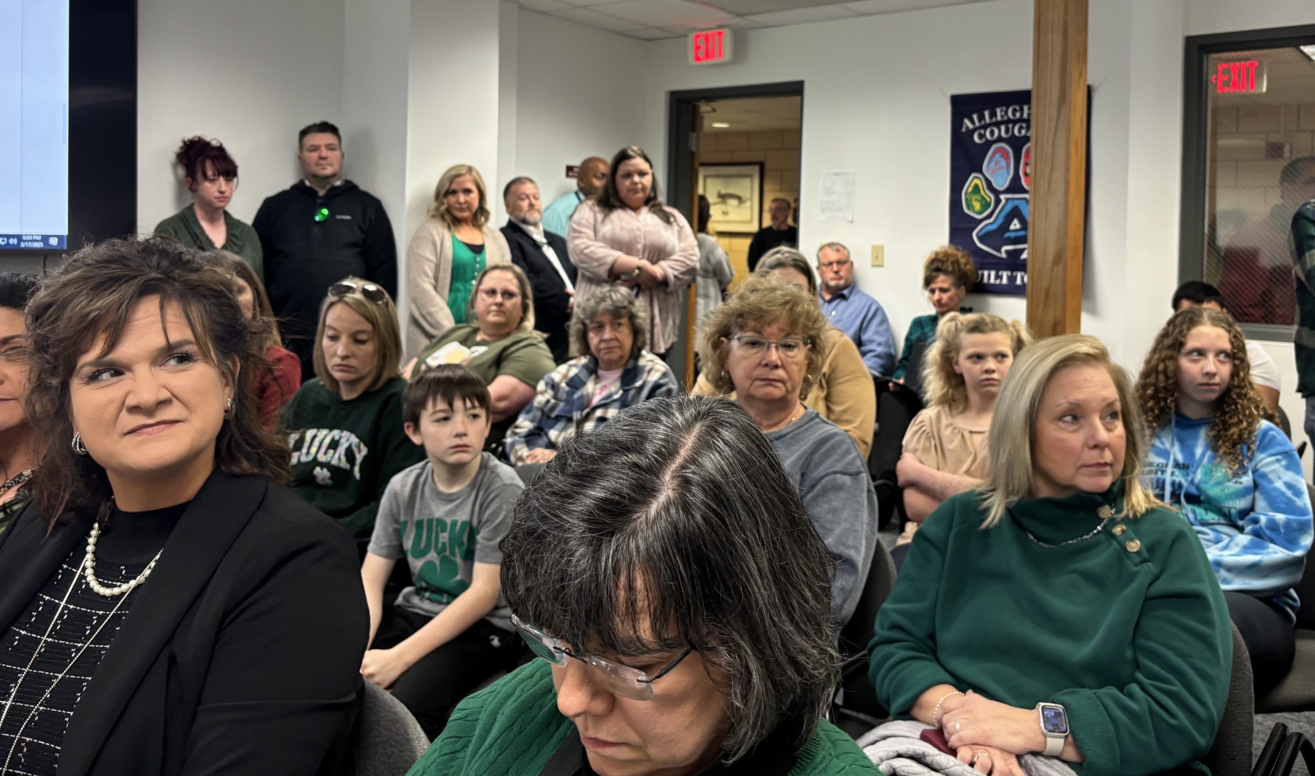 It was standing room only at the Alleghany Highlands Public Schools regular monthly board meeting on Monday, March 17. Among the issues discussed was the reopening of Covington Middle School, which had been closed on Jan. 31, due to a carbon monoxide leak. Photo by Steve Hemphill.