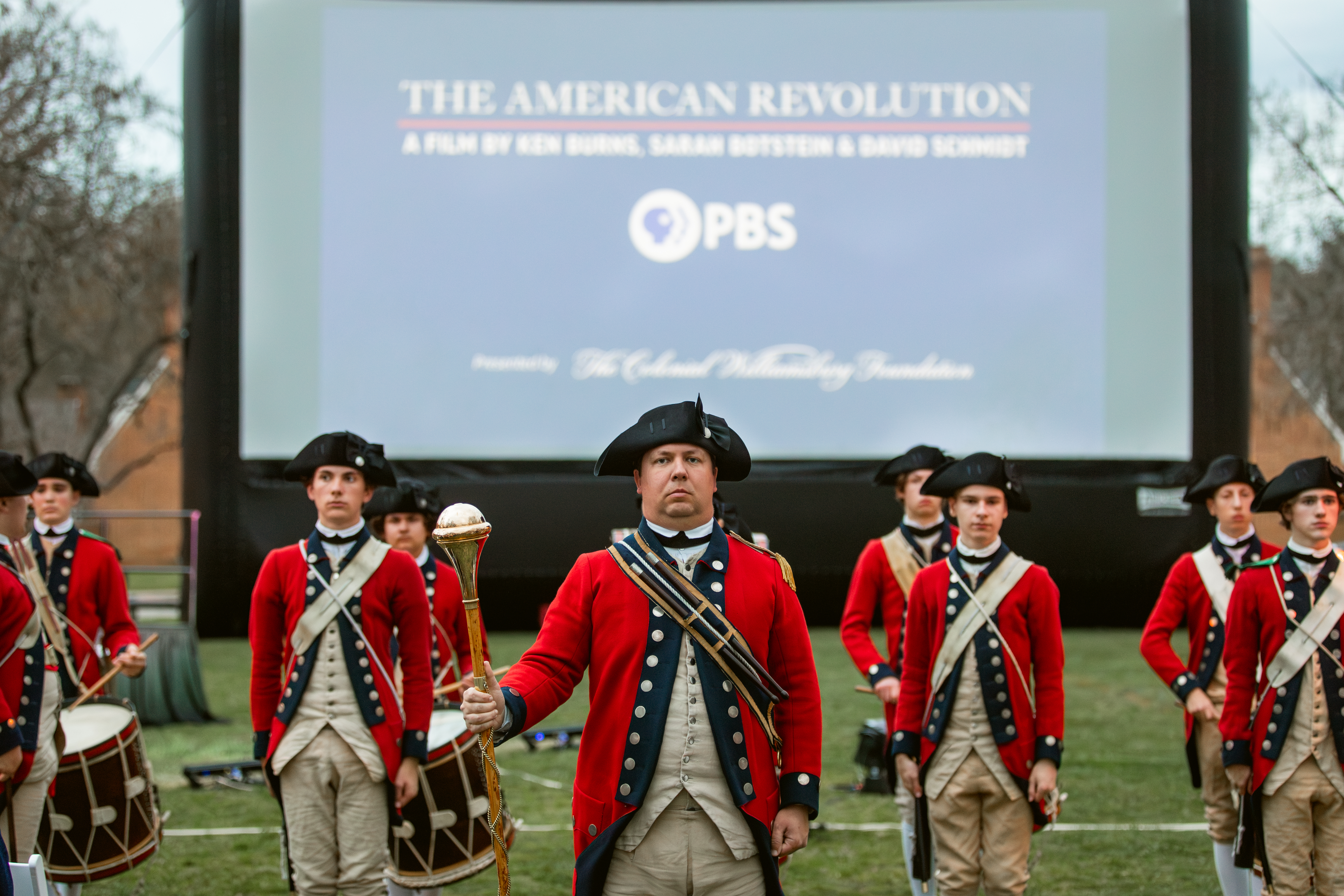The Colonial Williamsburg Fifes & Drums perform during  the public preview of Ken Burns’s “The American Revolution,”  during the 2025 “A Common Cause for All” planning event held at  The Colonial Williamsburg Foundation March 23-25, 2025.  Photo Credit: Brian Newson, The Colonial Williamsburg  Foundation. 