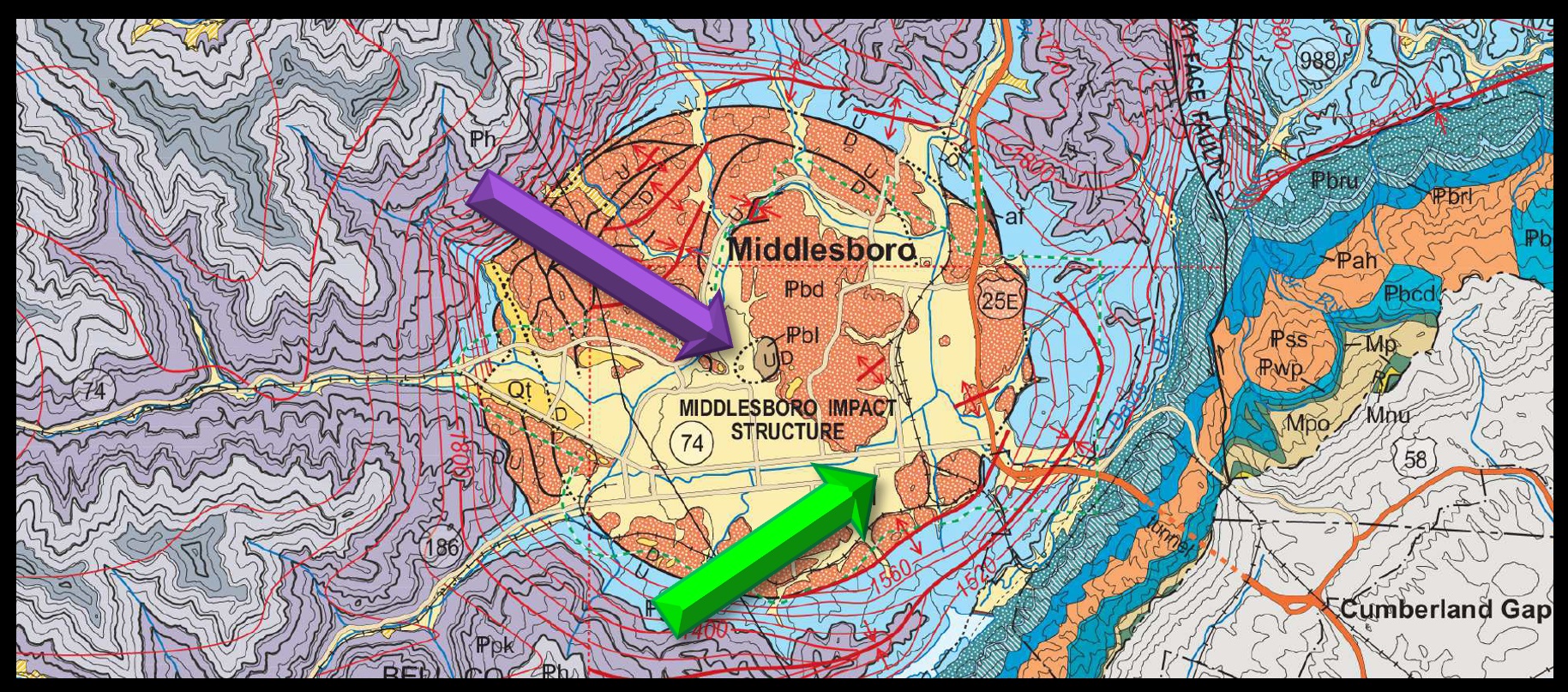 Topography map of the Middlesboro Crater. Courtesy of the Vatican Observatory.