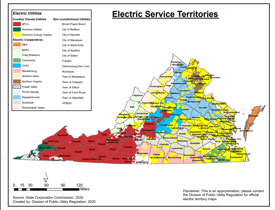 The service areas of Virginia electric utilities. Source: State Corporation Commission.