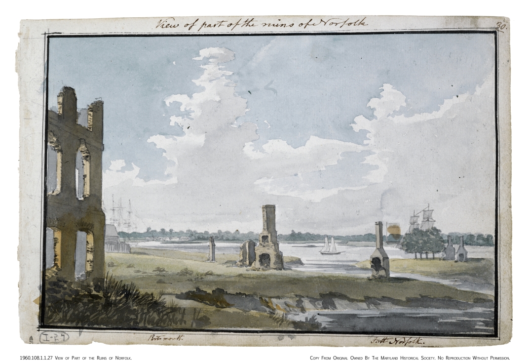 The ruins of Norfolk. Elizabeth River in the foreground, Portsmouth in the background. English-born neoclassical architect Benjamin Henry Latrobe painted the watercolor in the journals he kept during his travels in Virginia from 1796-1798. Maryland Center for History and Culture.