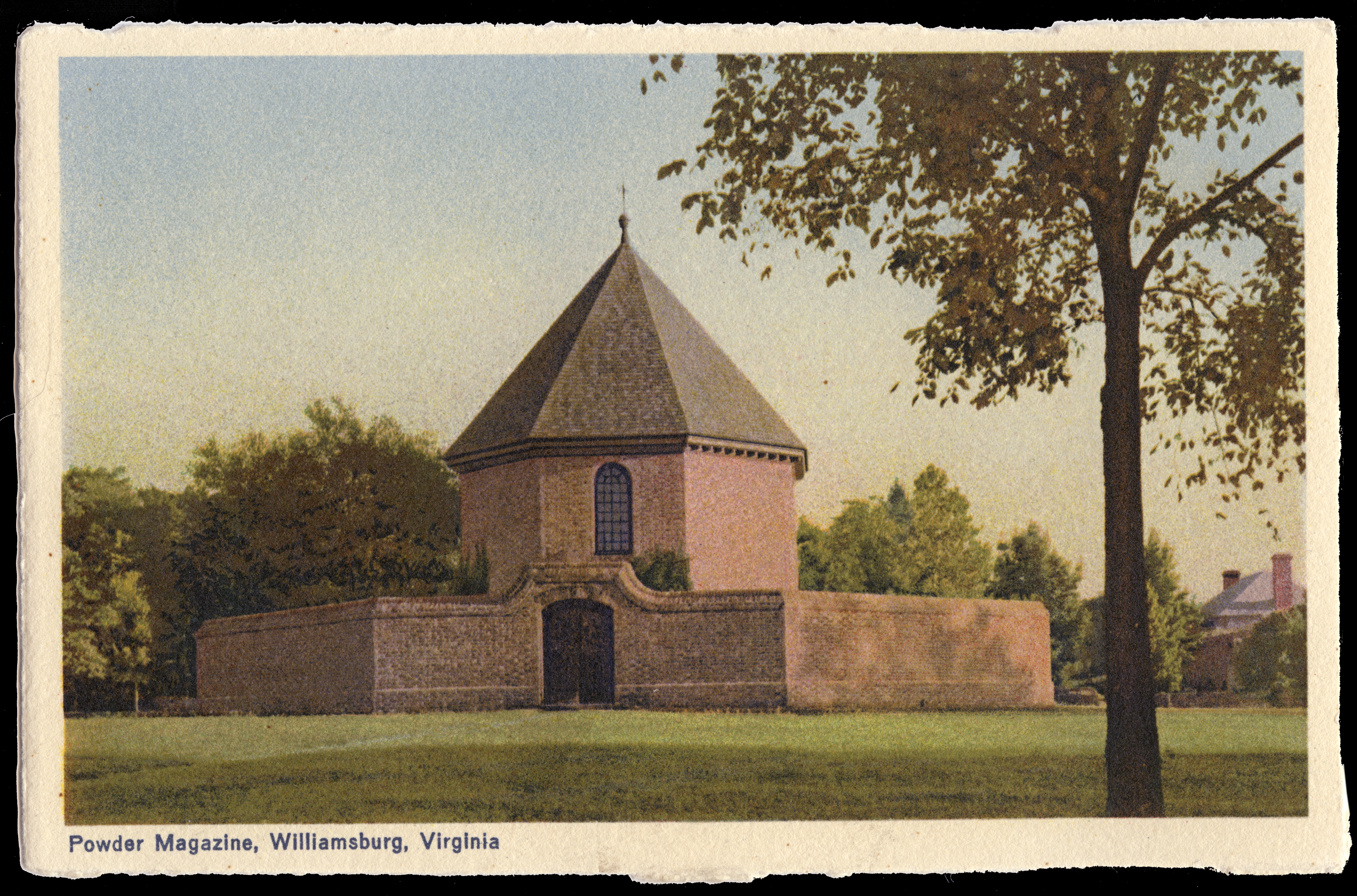 Postcard titled "Powder Magazine, Williamsburg, Virginia," publisher unknown, date unknown. Credit: Barbara Lombardi, The Colonial Williamsburg Foundation