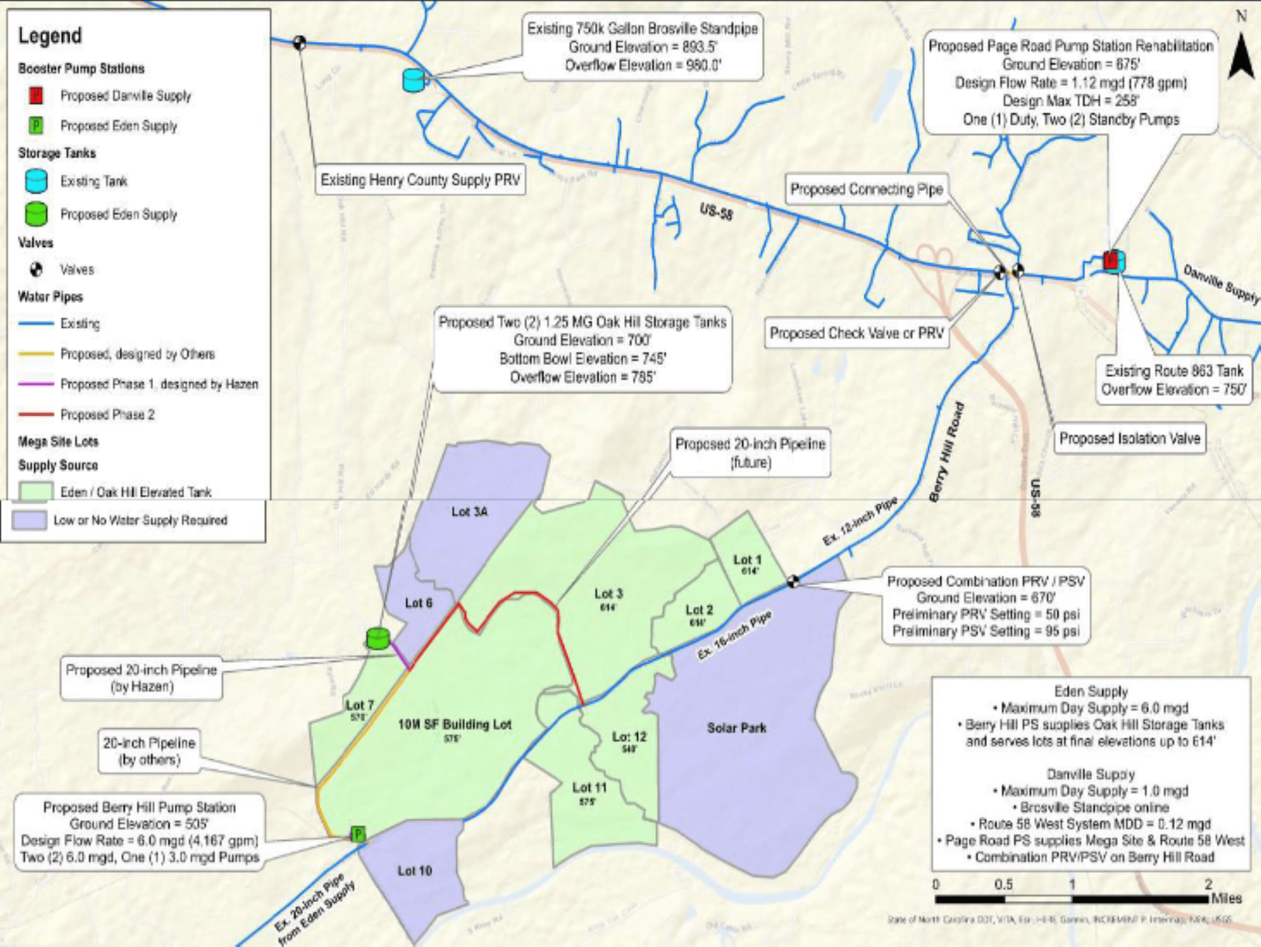 a map graphic of water lines at the Berry Hill Megasite in Pittsylvania County.