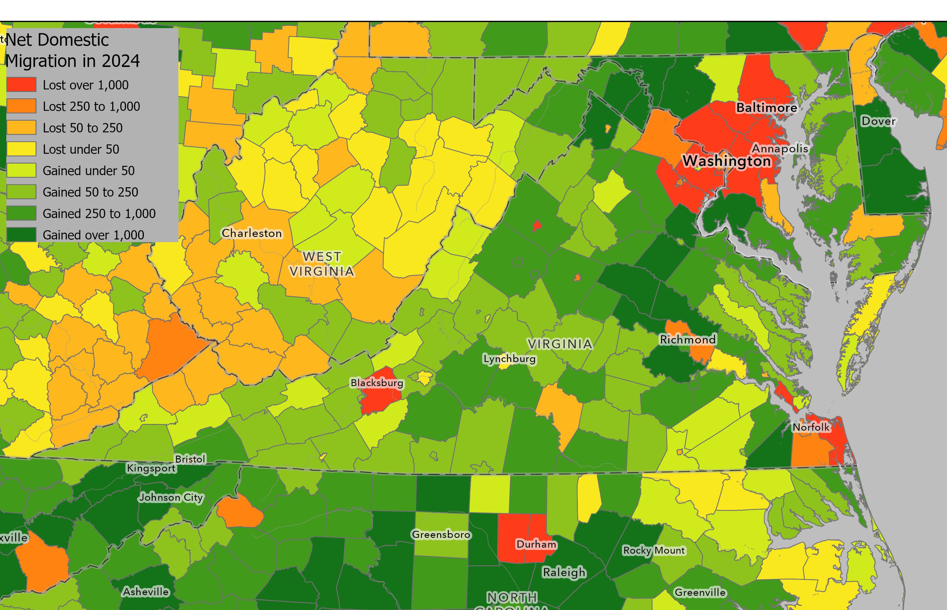 This map shows domestic migration by county in 2024. Source: U.S. Census Burea.