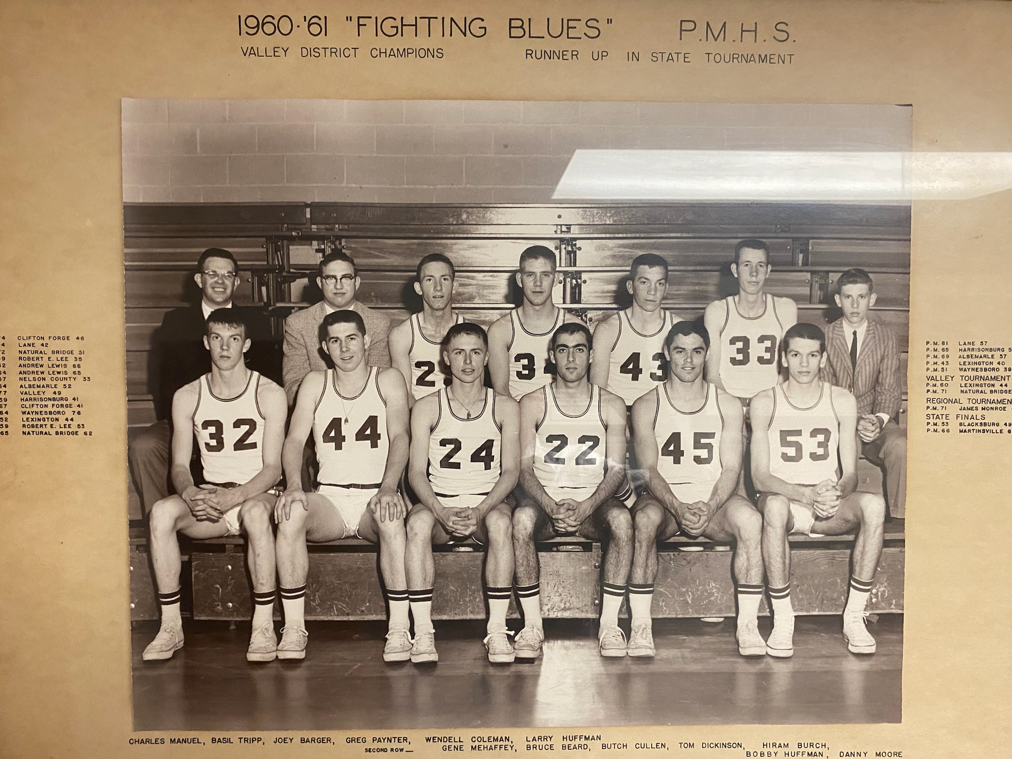 Charlie Manuel (32) was a standout on Parry McCluer's Group 1B state runner-up boys basketball team coached by Gene Mehaffey, top row, left. Photo by Robert Anderson.