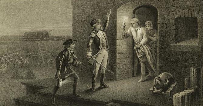 1875 engraving depicting the capture of Fort Ticonderoga by Ethan Allen on May 10, 1775